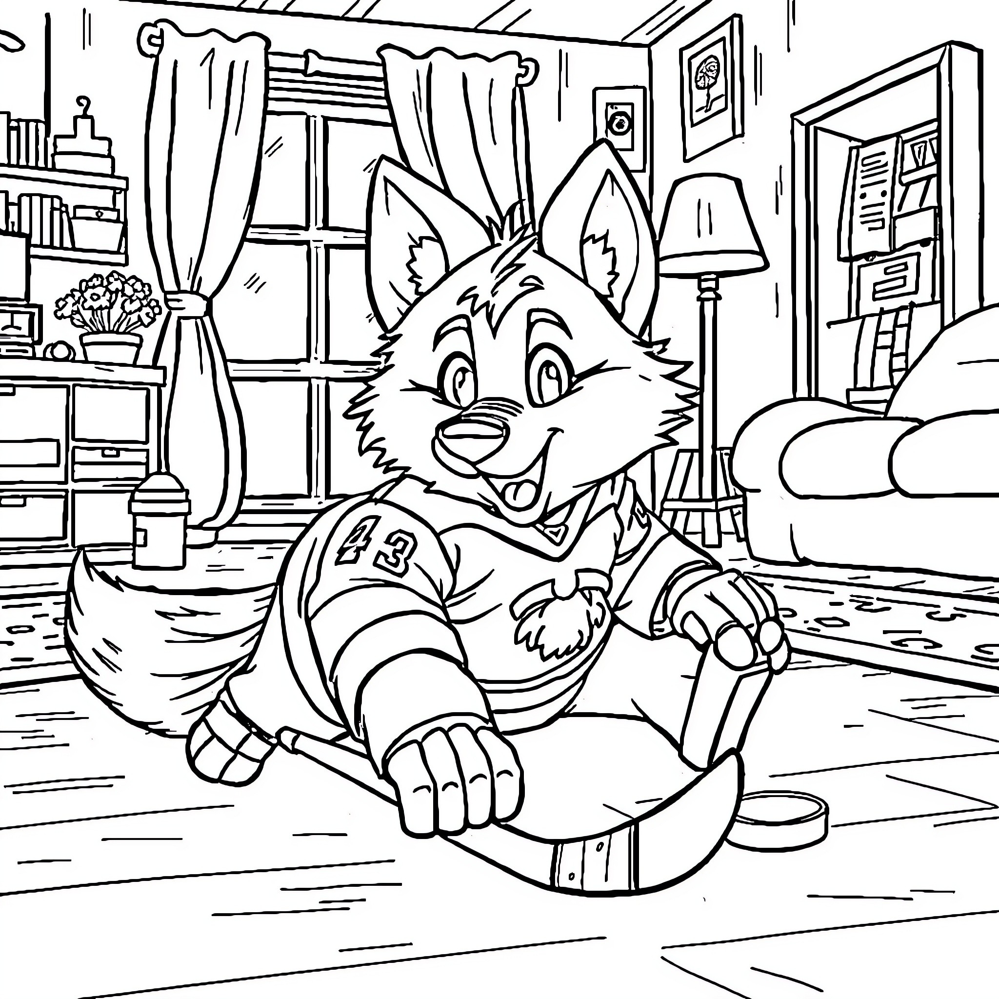 Wolf relaxing in cozy bedroom setting Coloring Page (free black-and-white line drawing printable PDF for all, from beginners to advanced learners, including children, teens, adults, and seniors)