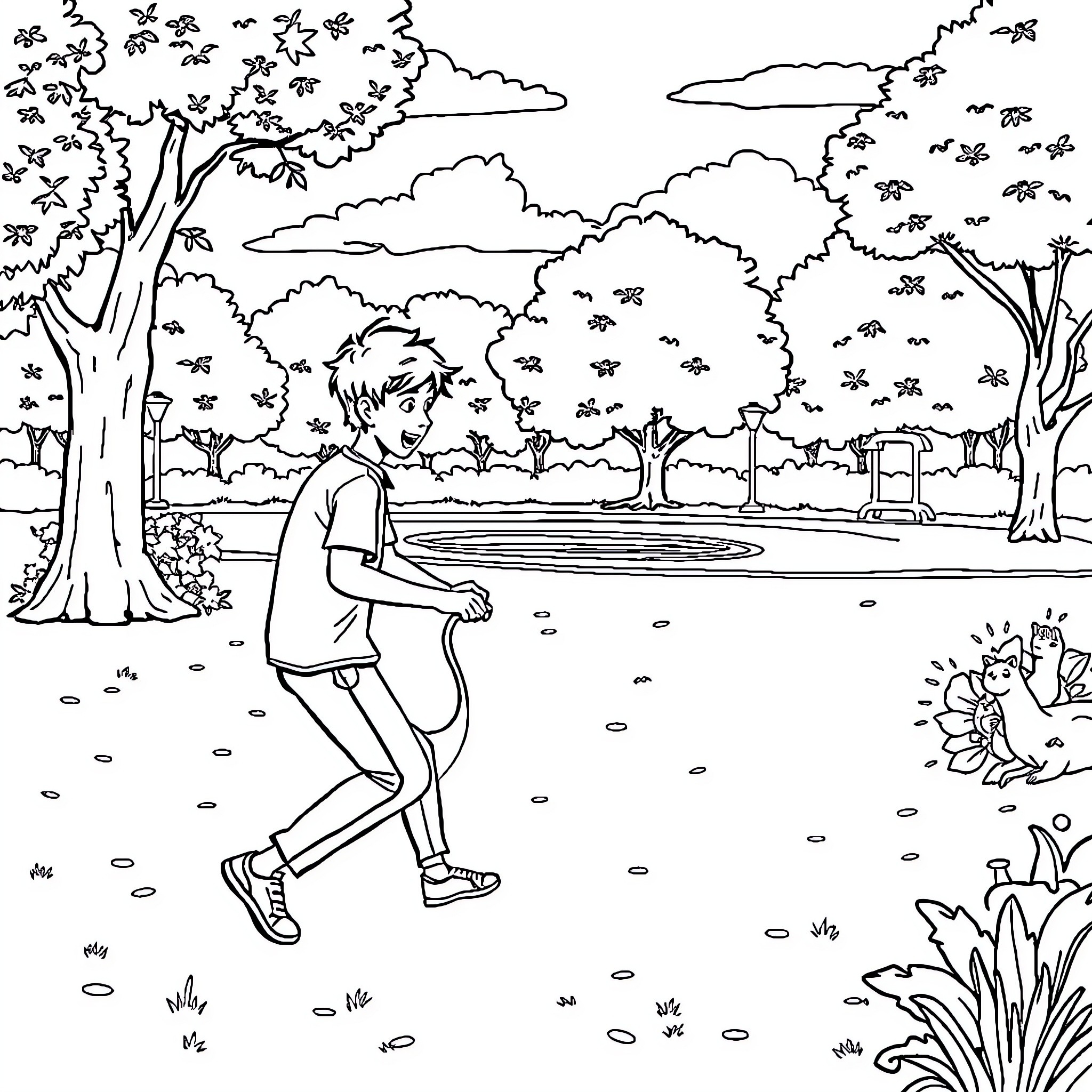 Nina enjoying a day in the peaceful park Coloring Page (free black-and-white line drawing printable PDF for all, from beginners to advanced learners, including children, teens, adults, and seniors)
