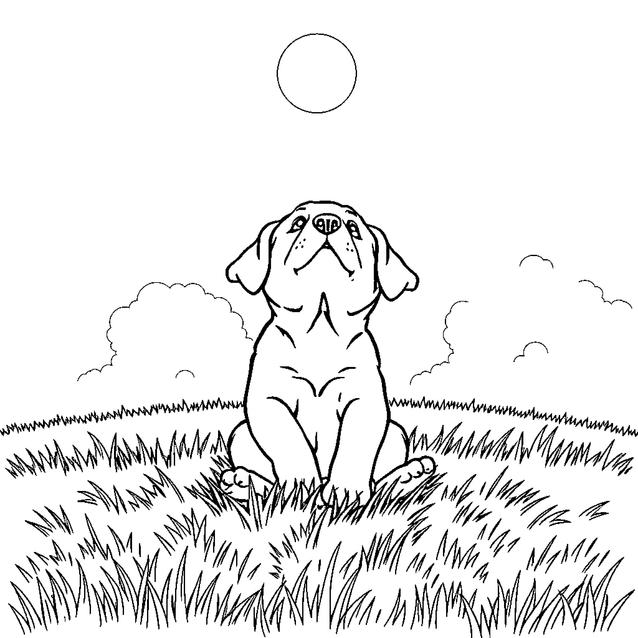 Puppy sitting in grassy field Coloring Page (free black-and-white line drawing printable PDF for all, from beginners to advanced learners, including children, teens, adults, and seniors)