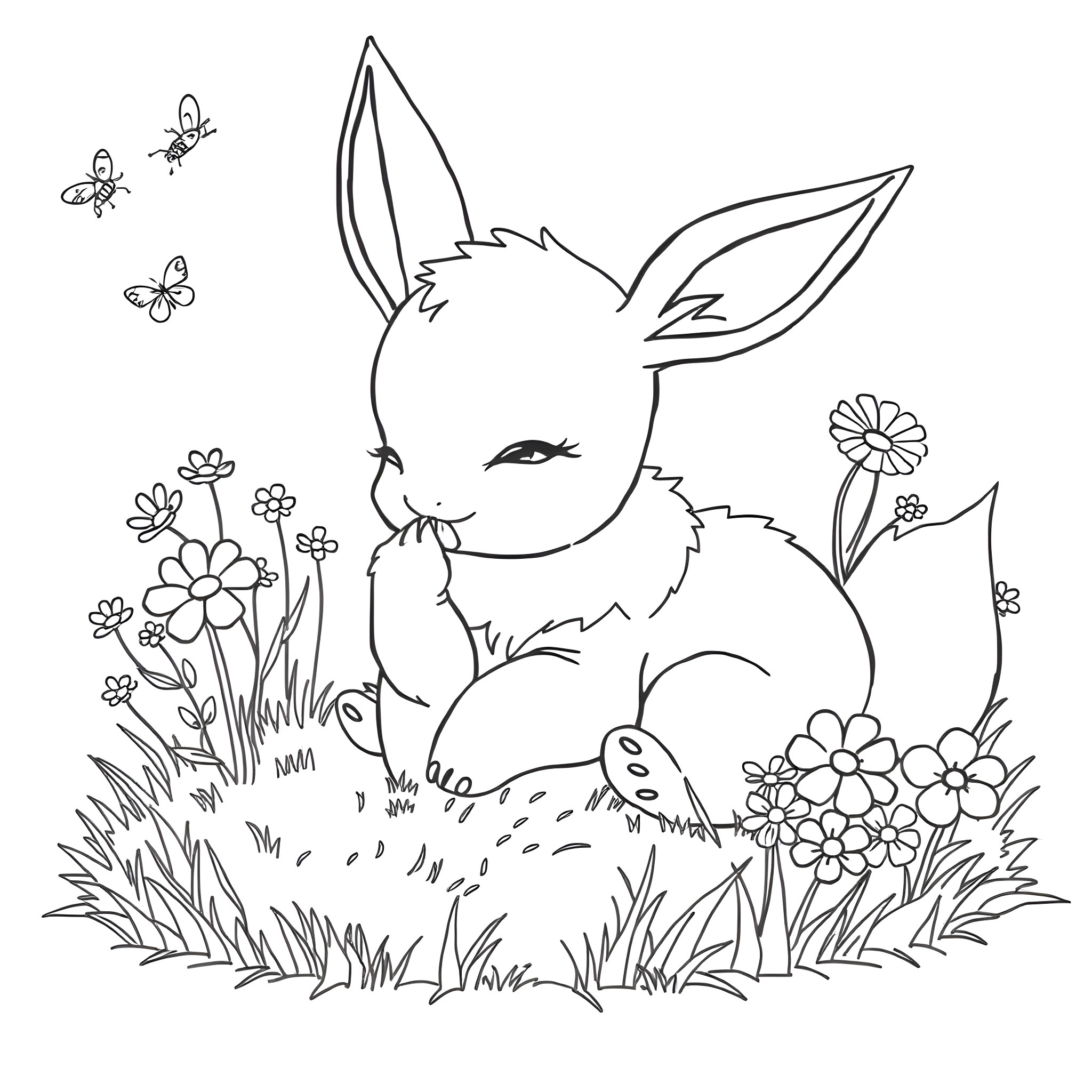 Eevee resting peacefully in a floral meadow Coloring Page (free black-and-white line drawing printable PDF for all, from beginners to advanced learners, including children, teens, adults, and seniors)