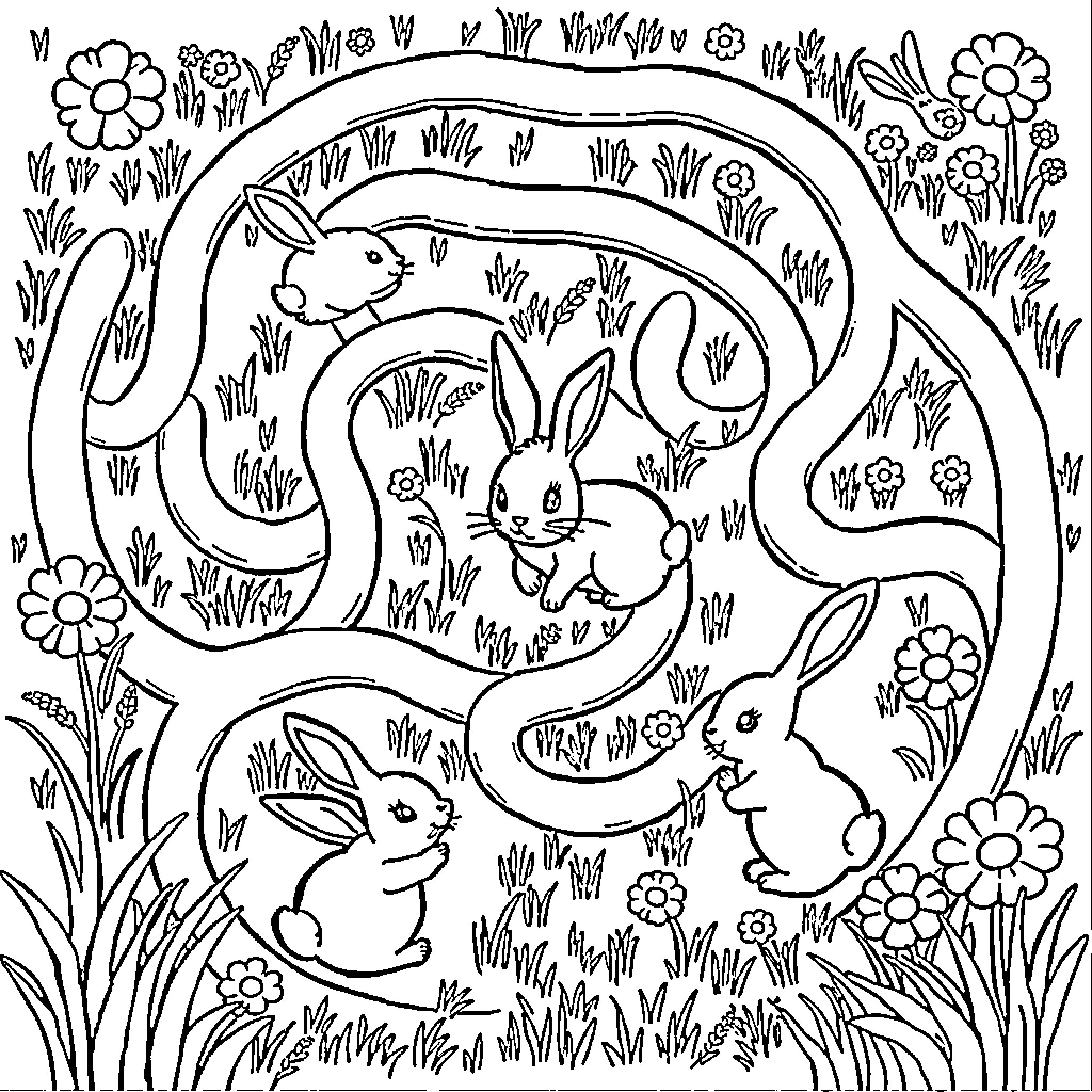 Bunnies playing in a flowery meadow Coloring Page (free black-and-white line drawing printable PDF for all, from beginners to advanced learners, including children, teens, adults, and seniors)