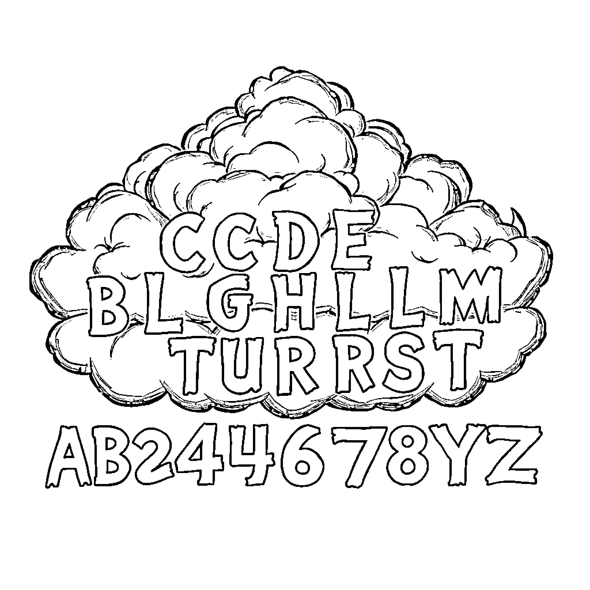 Alphabet cloud with letters and numbers Coloring Page (free black-and-white line drawing printable PDF for all, from beginners to advanced learners, including children, teens, adults, and seniors)