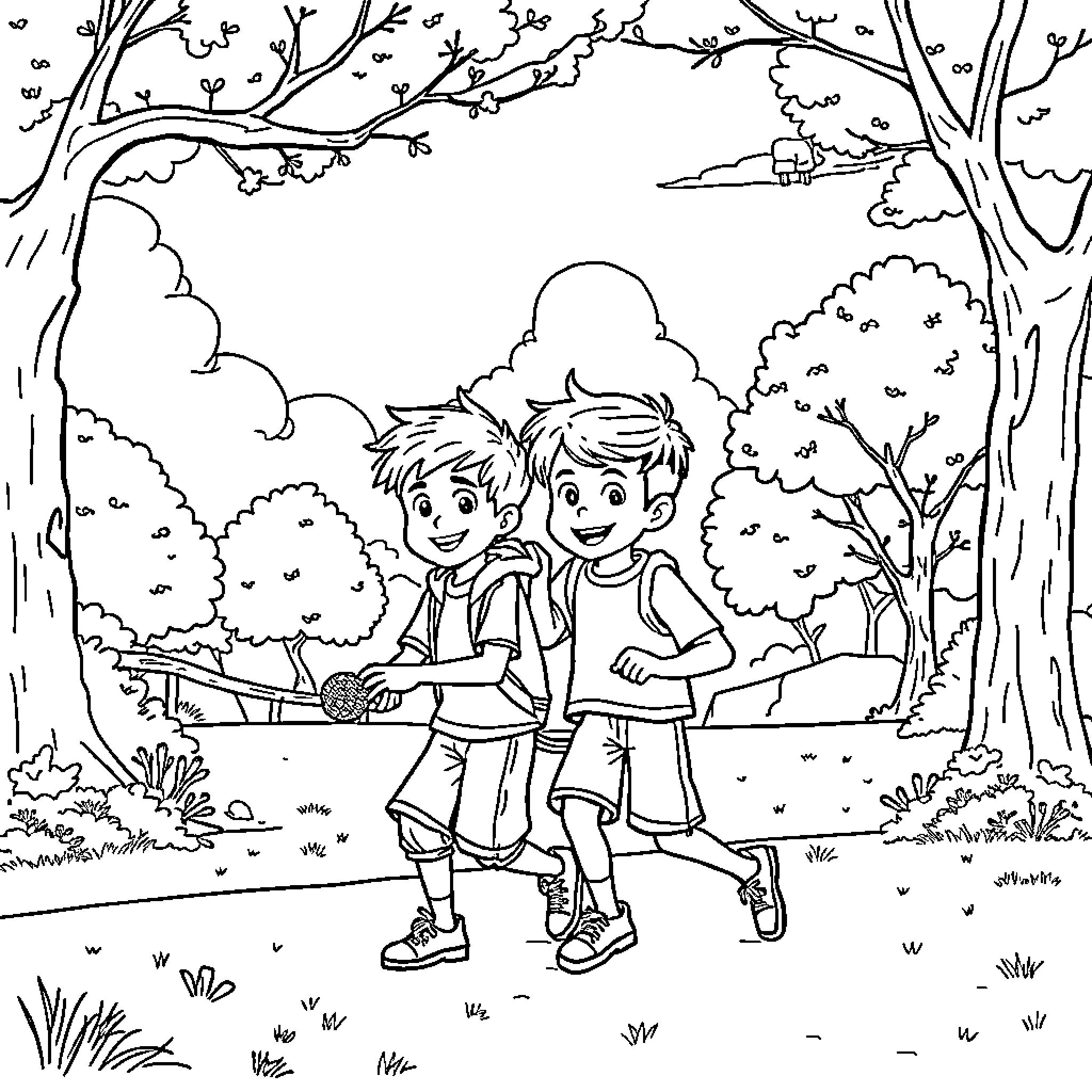Huntrix - Friends Enjoying Nature's Wonders Coloring Page (free black-and-white line drawing printable PDF for all, from beginners to advanced learners, including children, teens, adults, and seniors)
