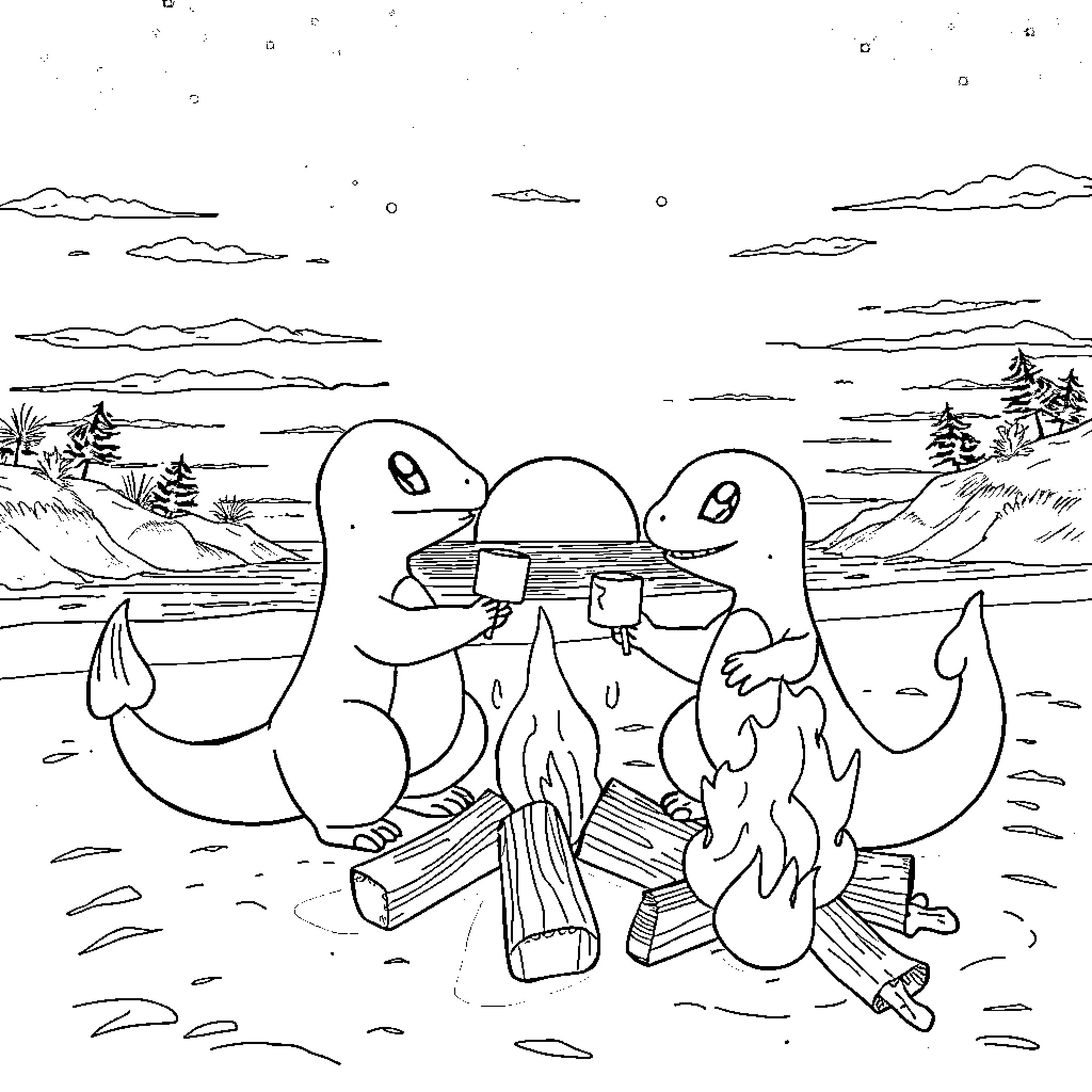 Charmander Roasting Marshmallows by the Campfire Coloring Page (free black-and-white line drawing printable PDF for all, from beginners to advanced learners, including children, teens, adults, and seniors)