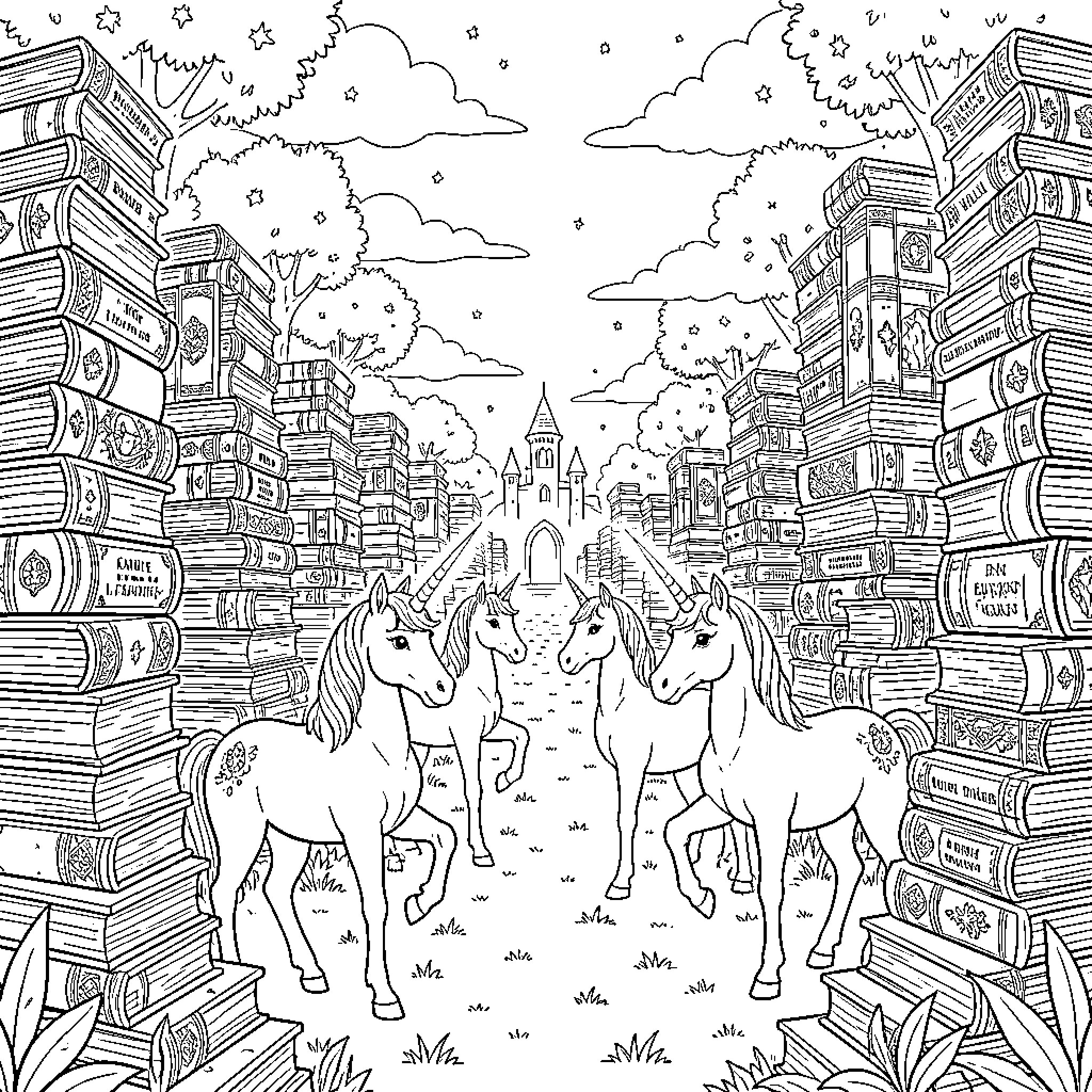 Unicorns standing among towering stacks of magical books Coloring Page (free black-and-white line drawing printable PDF for all, from beginners to advanced learners, including children, teens, adults, and seniors)