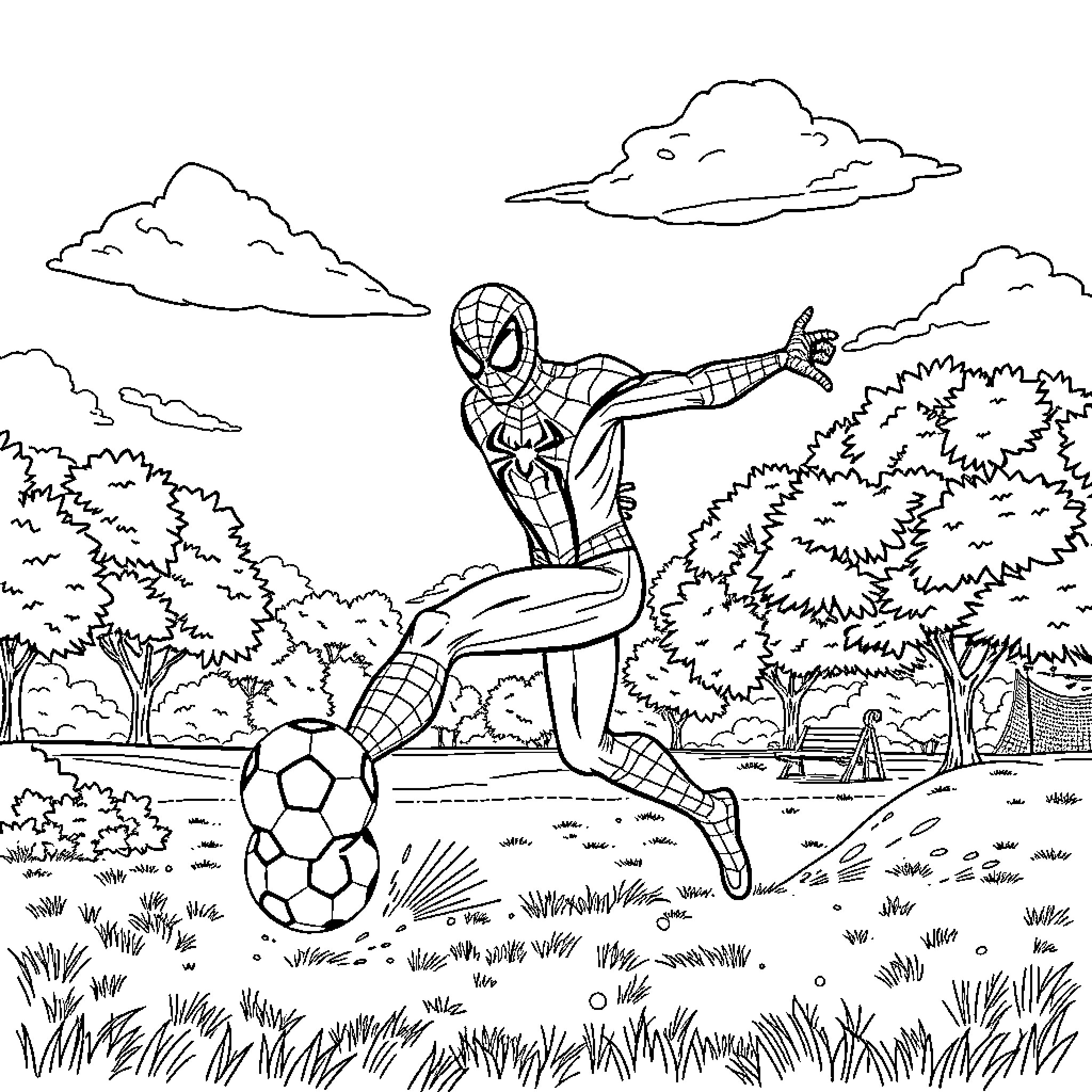 Spider-Man playing soccer in the park Coloring Page (free black-and-white line drawing printable PDF for all, from beginners to advanced learners, including children, teens, adults, and seniors)