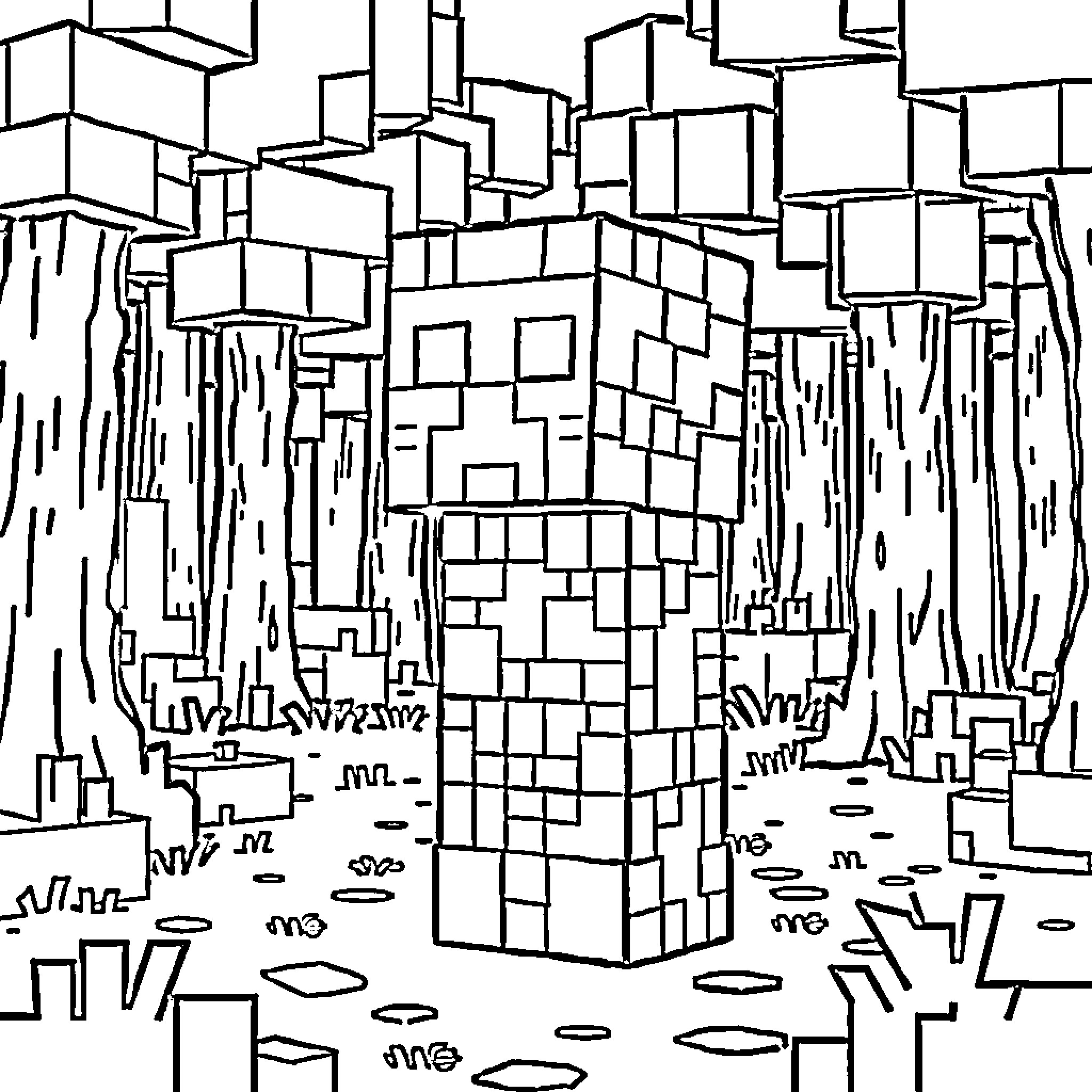 Creeper Exploring an Abstract City Landscape Coloring Page (free black-and-white line drawing printable PDF for all, from beginners to advanced learners, including children, teens, adults, and seniors)