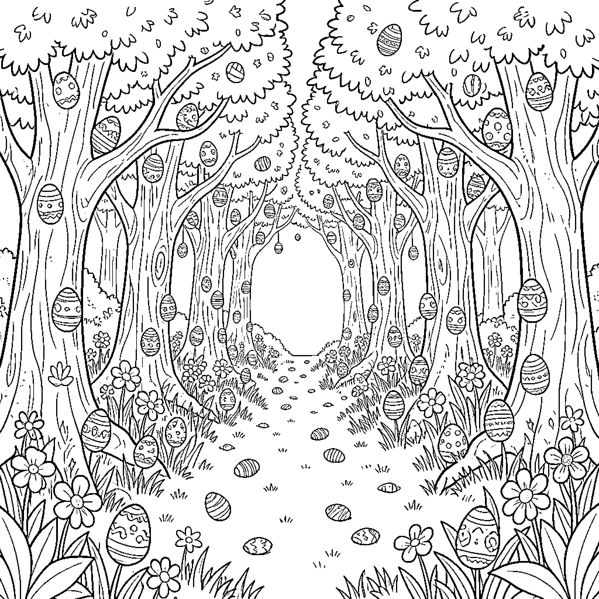 Egg-Filled Forest Path with Whimsical Scenery Coloring Page (free black-and-white line drawing printable PDF for all, from beginners to advanced learners, including children, teens, adults, and seniors)