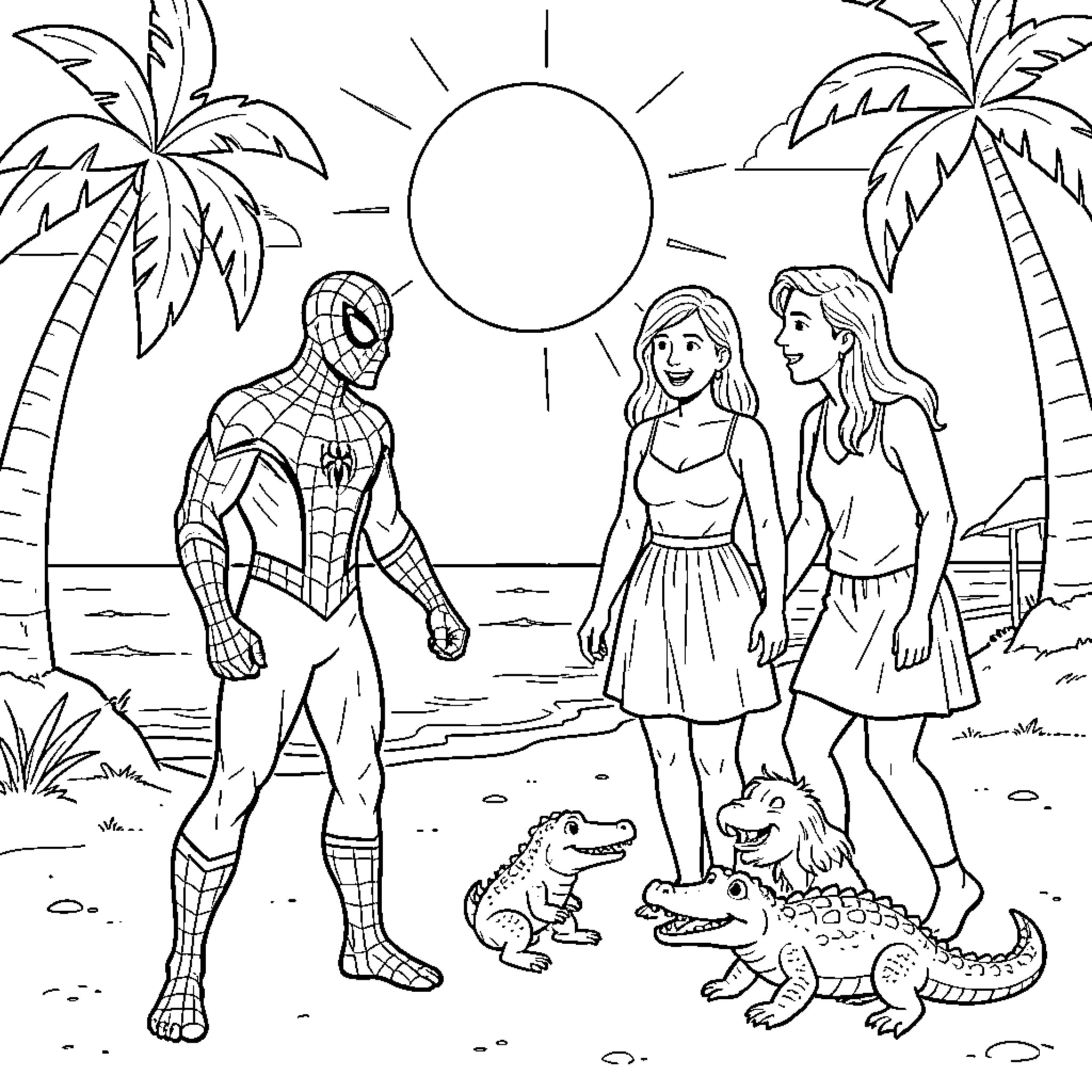 Spiderman standing on a beach with two girls Coloring Page (free black-and-white line drawing printable PDF for all, from beginners to advanced learners, including children, teens, adults, and seniors)