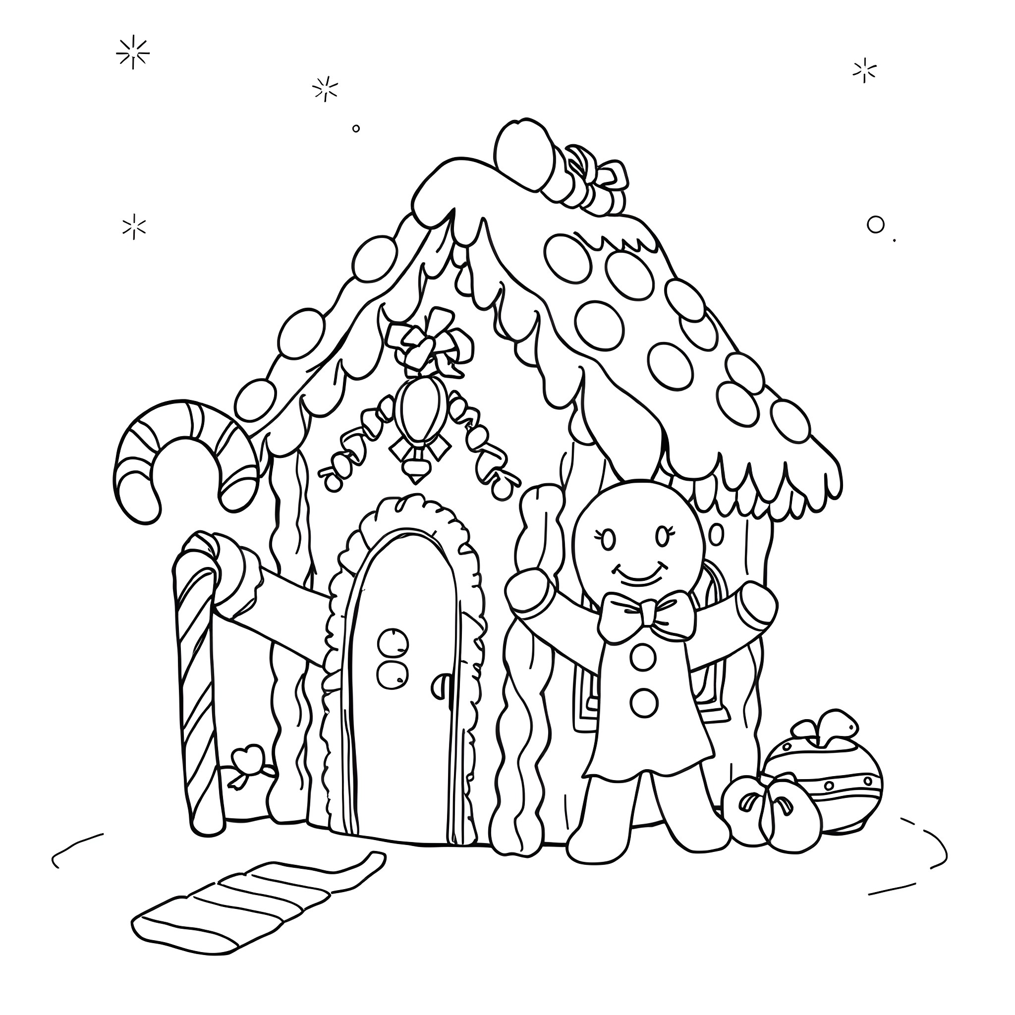 Gingerbread house with smiling character Coloring Page (free black-and-white line drawing printable PDF for all, from beginners to advanced learners, including children, teens, adults, and seniors)