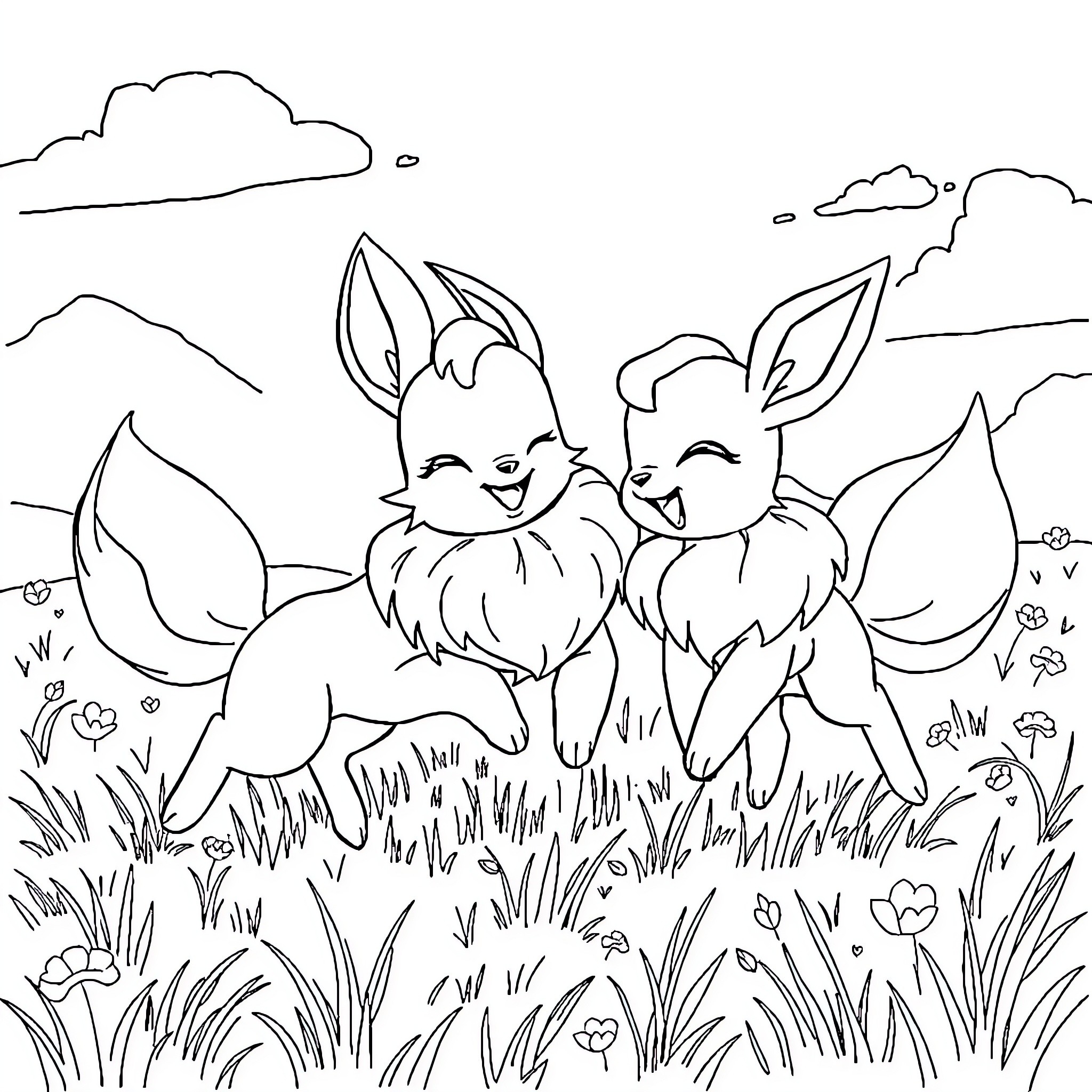 Eevee friends enjoying outdoor adventure Coloring Page (free black-and-white line drawing printable PDF for all, from beginners to advanced learners, including children, teens, adults, and seniors)
