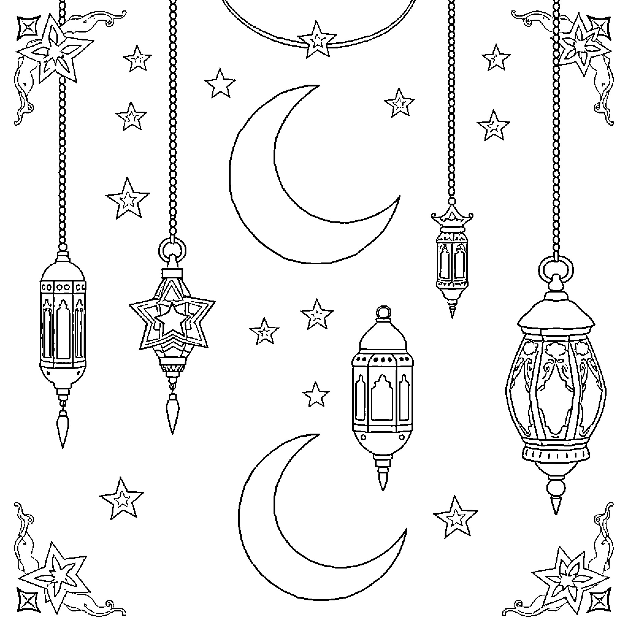 Ramadhan Decorations and Ornaments Coloring Page (free black-and-white line drawing printable PDF for all, from beginners to advanced learners, including children, teens, adults, and seniors)