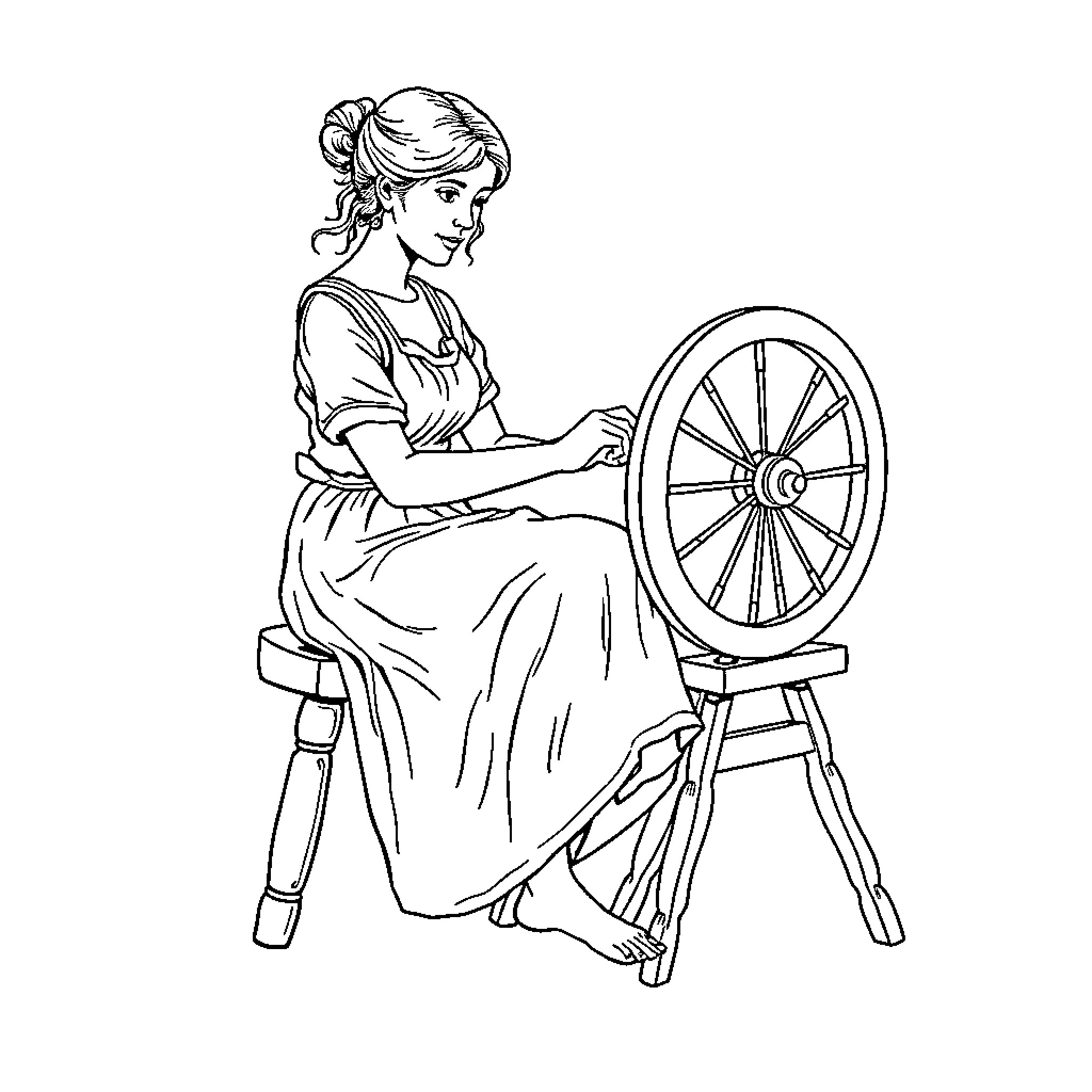 Woman spinning thread on a spinning wheel Coloring Page (free black-and-white line drawing printable PDF for all, from beginners to advanced learners, including children, teens, adults, and seniors)