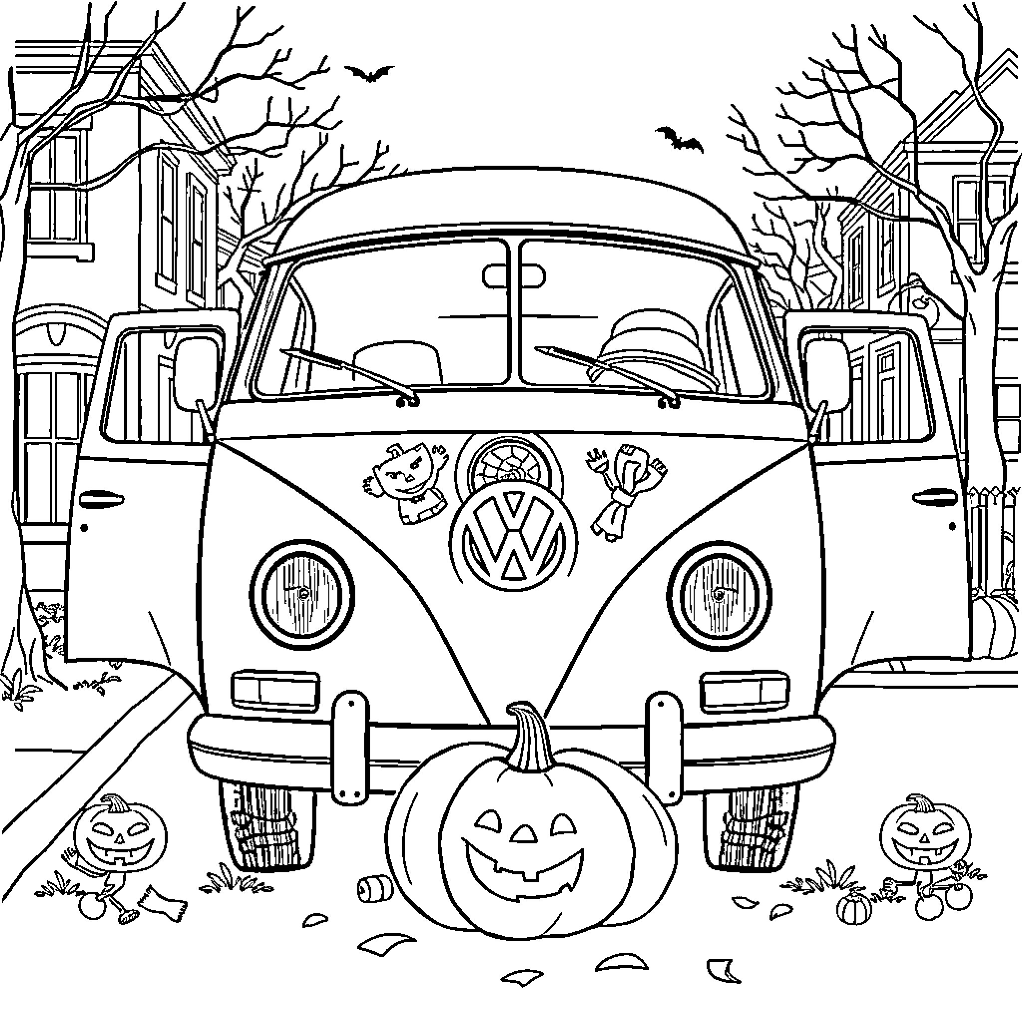 Volkswagen van in a spooky Halloween setting Coloring Page (free black-and-white line drawing printable PDF for all, from beginners to advanced learners, including children, teens, adults, and seniors)