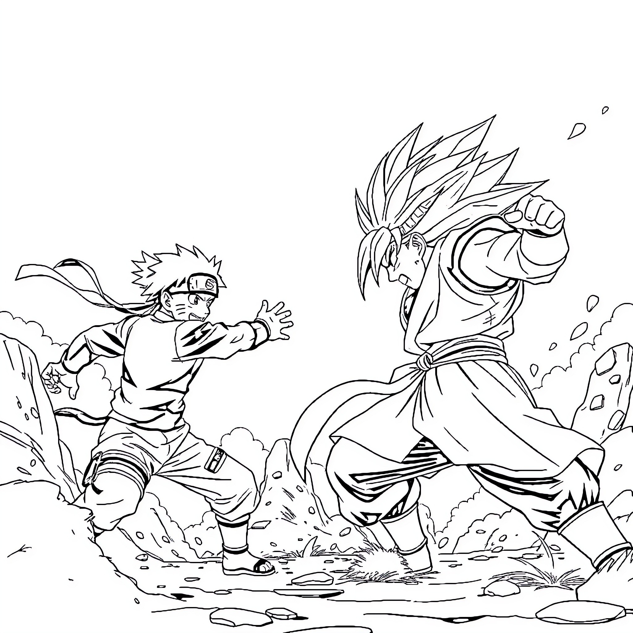 Naruto characters in fierce battle stance Coloring Page (free black-and-white line drawing printable PDF for all, from beginners to advanced learners, including children, teens, adults, and seniors)