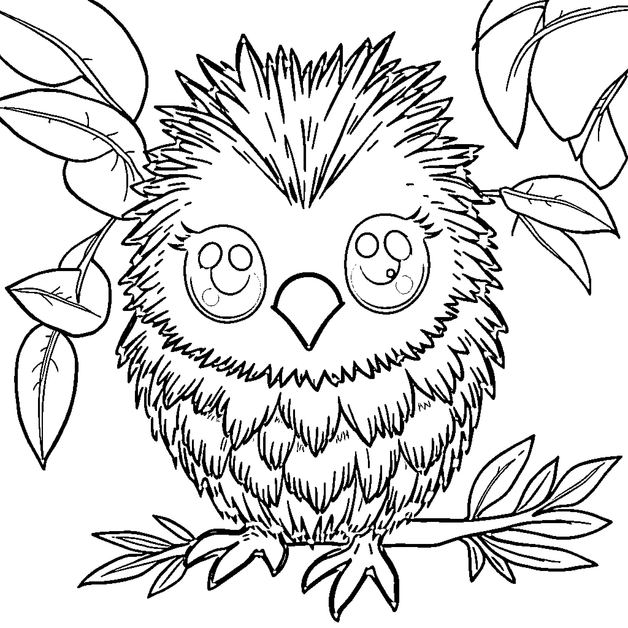 Pipikiwi happy and playful birdie amidst leaves Coloring Page (free black-and-white line drawing printable PDF for all, from beginners to advanced learners, including children, teens, adults, and seniors)