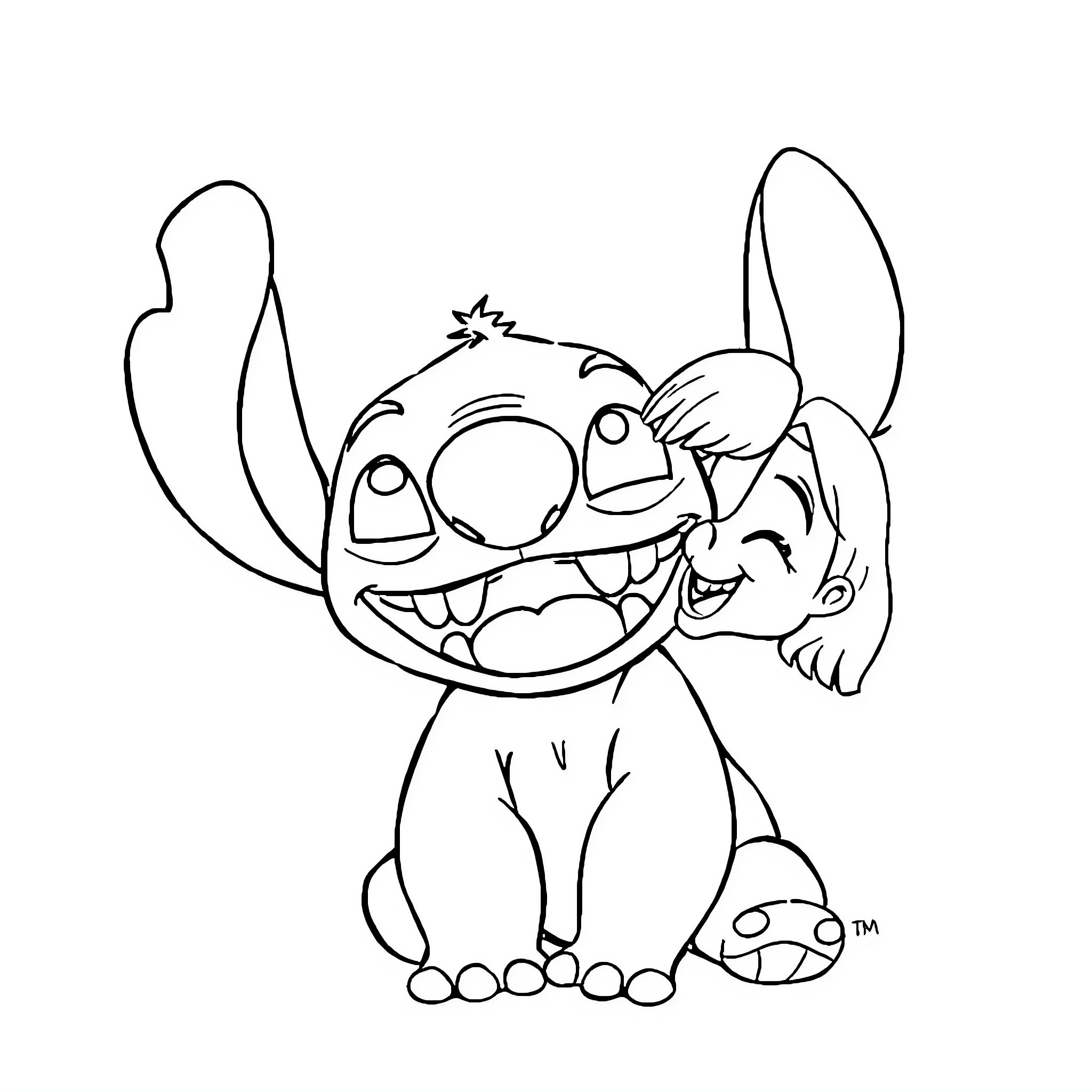 Stitch sharing a joyful moment with a friend Coloring Page (free black-and-white line drawing printable PDF for all, from beginners to advanced learners, including children, teens, adults, and seniors)