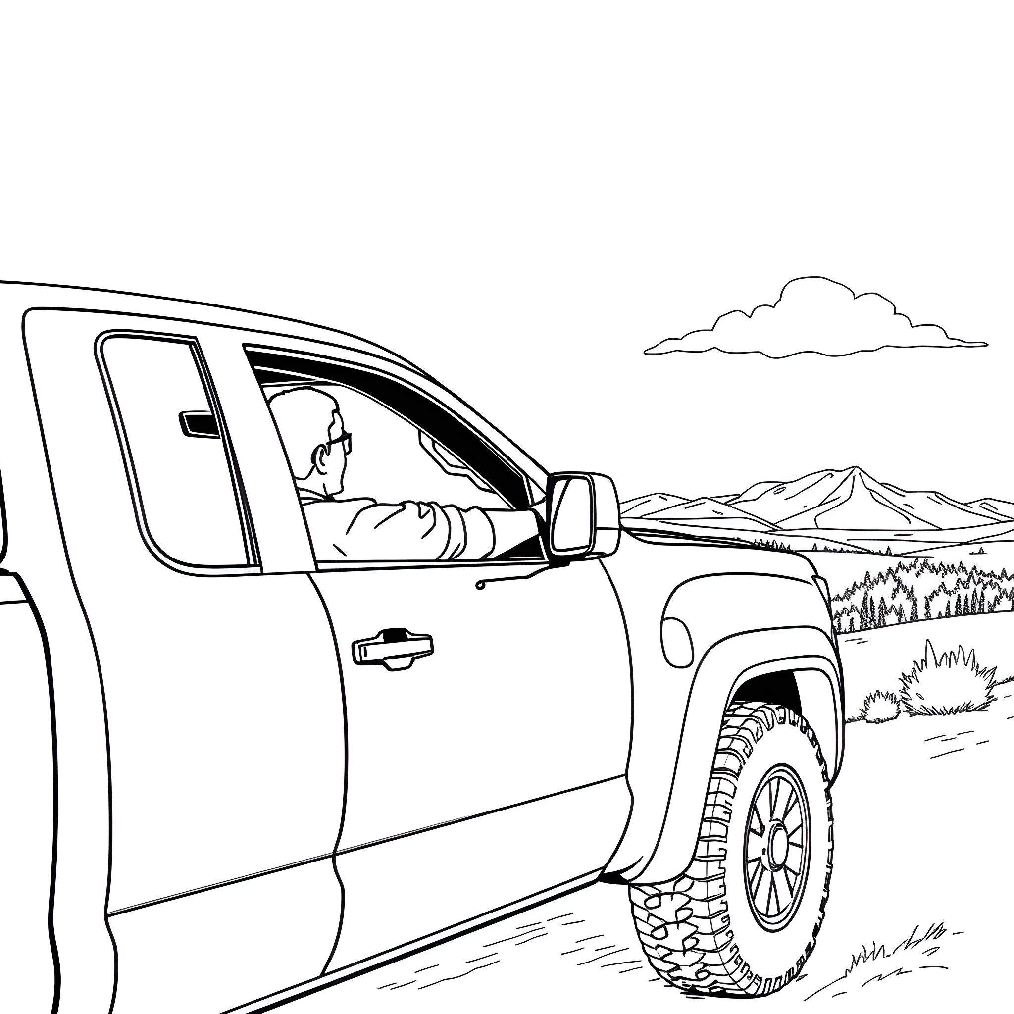 Man driving rugged vehicle through scenic mountain landscape Coloring Page (free black-and-white line drawing printable PDF for all, from beginners to advanced learners, including children, teens, adults, and seniors)