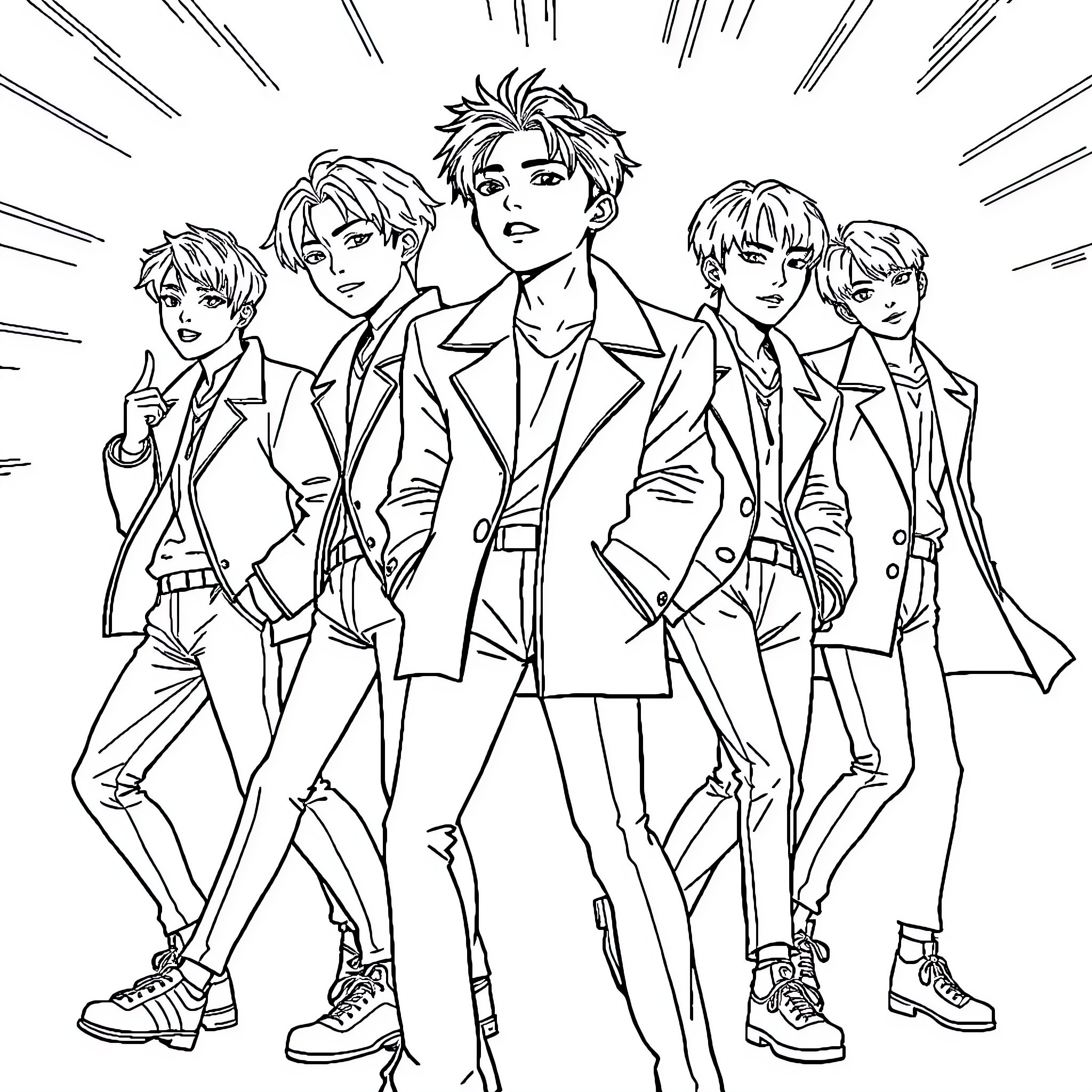K Pop Characters in Stylish Suits and Poses Coloring Page (free black-and-white line drawing printable PDF for all, from beginners to advanced learners, including children, teens, adults, and seniors)