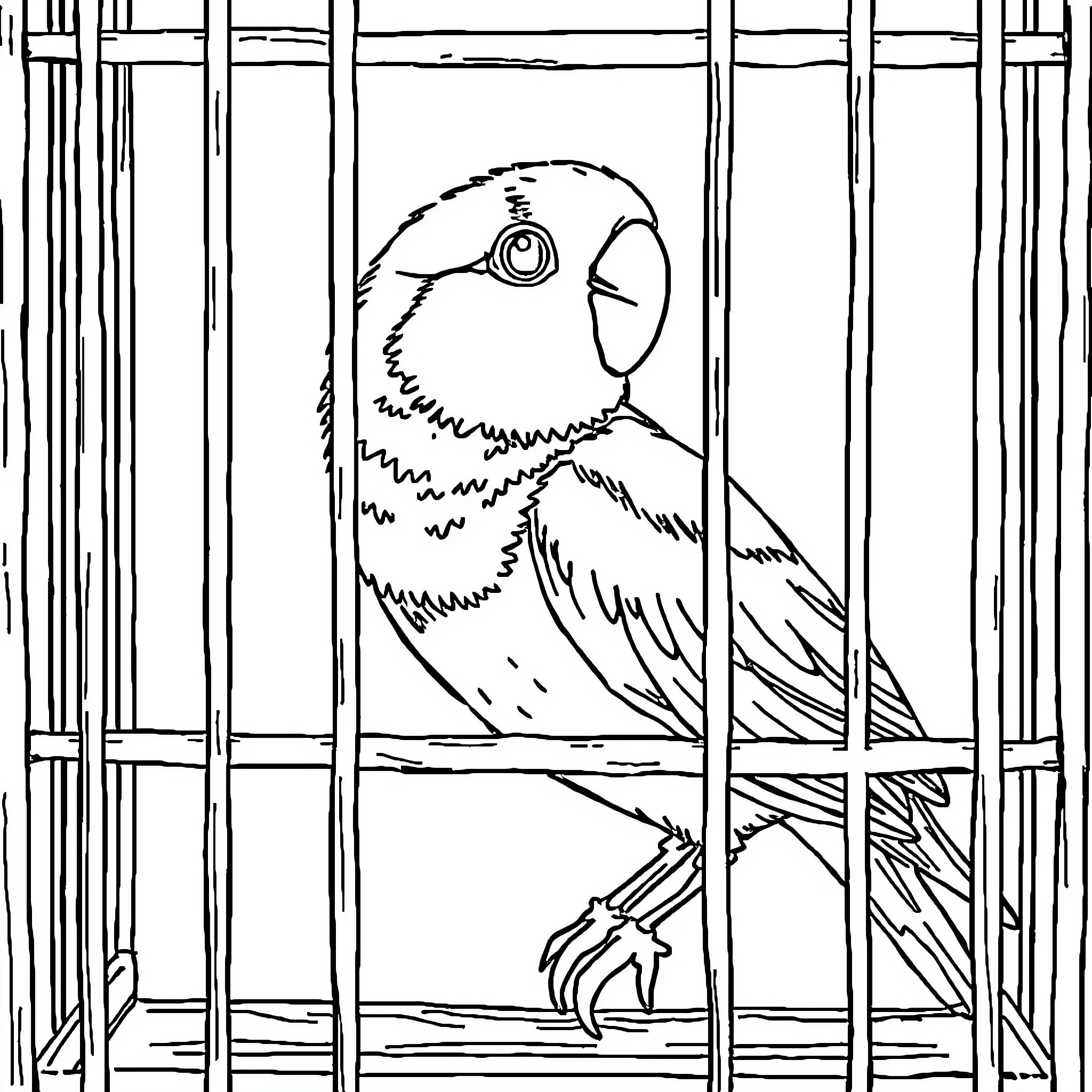 Bird trapped in a cage Coloring Page (free black-and-white line drawing printable PDF for all, from beginners to advanced learners, including children, teens, adults, and seniors)