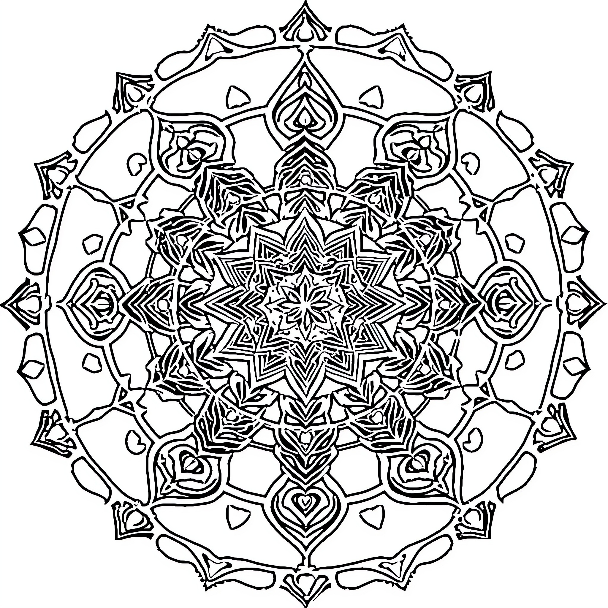 Shree Yantra geometric pattern with symmetric design Coloring Page (free black-and-white line drawing printable PDF for all, from beginners to advanced learners, including children, teens, adults, and seniors)