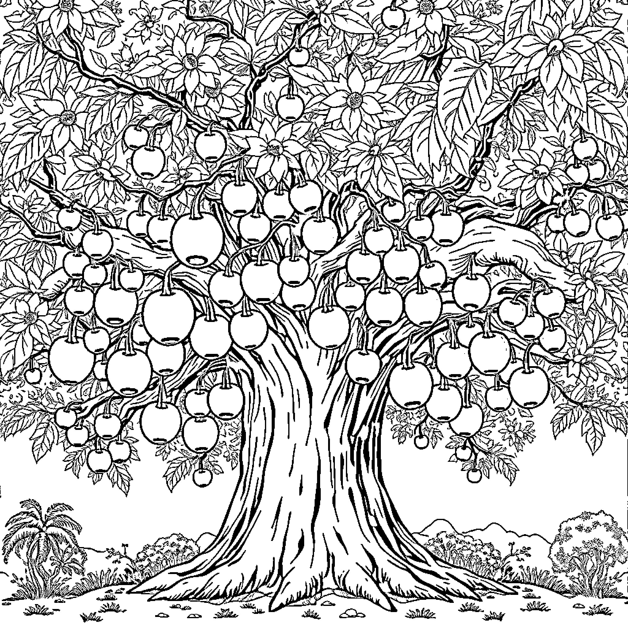 Tree of abundance with blossoming flowers and fruits Coloring Page (free black-and-white line drawing printable PDF for all, from beginners to advanced learners, including children, teens, adults, and seniors)