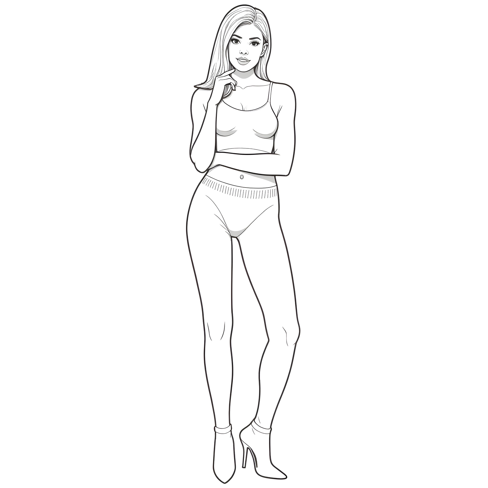 Model posing confidently in casual attire Coloring Page (free black-and-white line drawing printable PDF for all, from beginners to advanced learners, including children, teens, adults, and seniors)