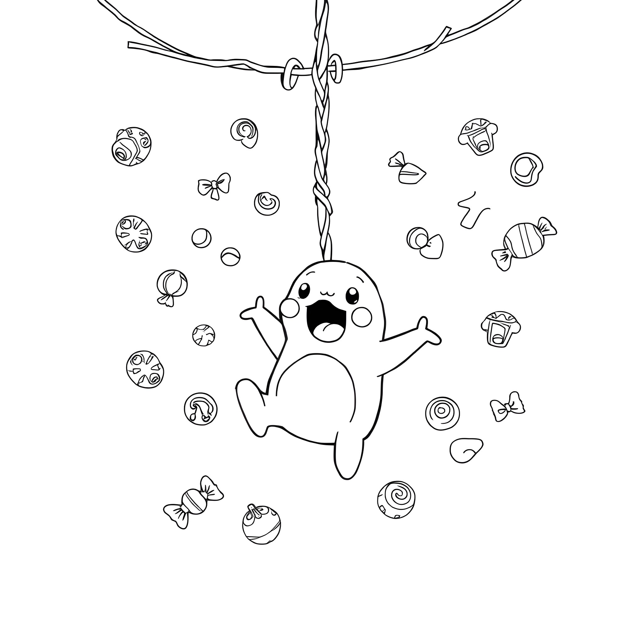 Omnom Cute Creature Swinging with Candies Coloring Page (free black-and-white line drawing printable PDF for all, from beginners to advanced learners, including children, teens, adults, and seniors)