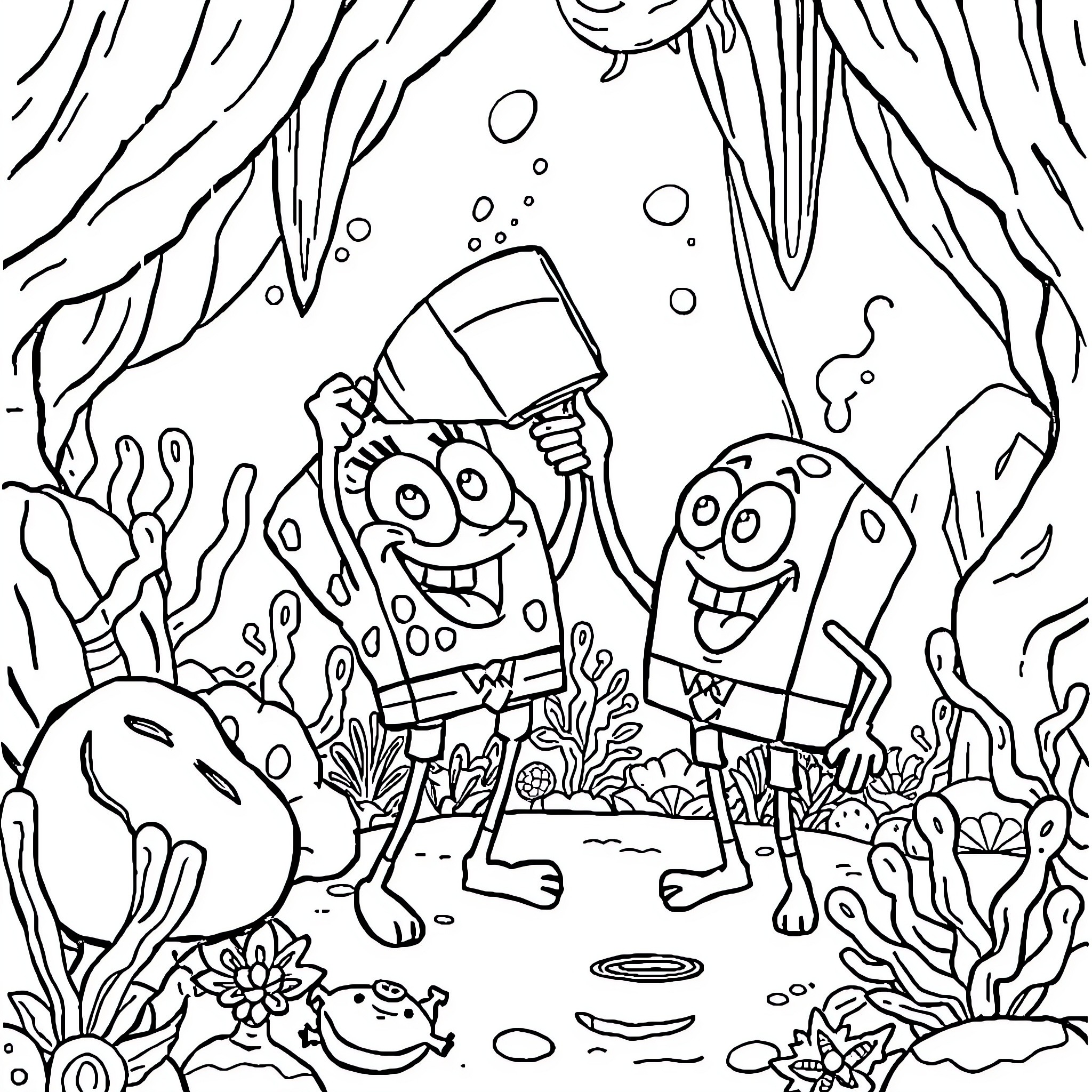 Bob esponja enjoying underwater adventure with friends Coloring Page (free black-and-white line drawing printable PDF for all, from beginners to advanced learners, including children, teens, adults, and seniors)