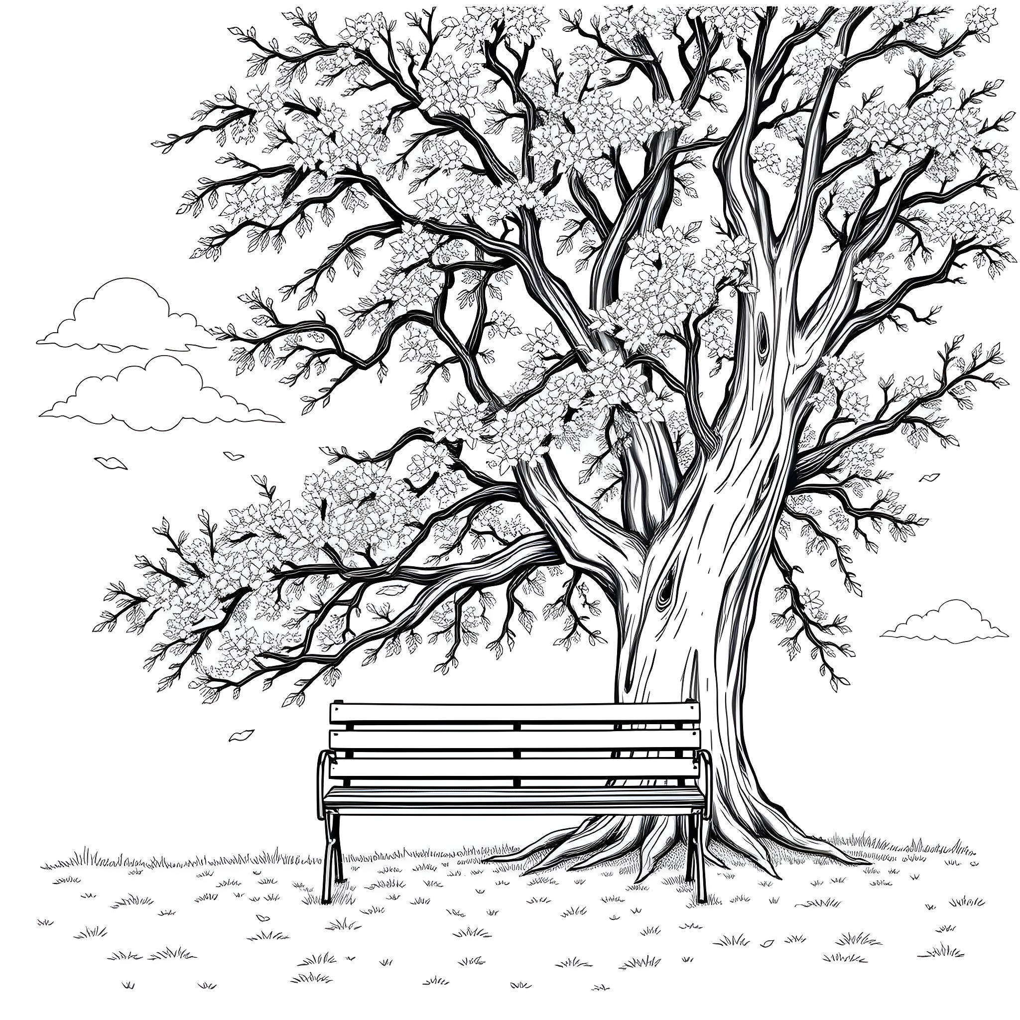 Thought of a peaceful spring day in the park Coloring Page (free black-and-white line drawing printable PDF for all, from beginners to advanced learners, including children, teens, adults, and seniors)