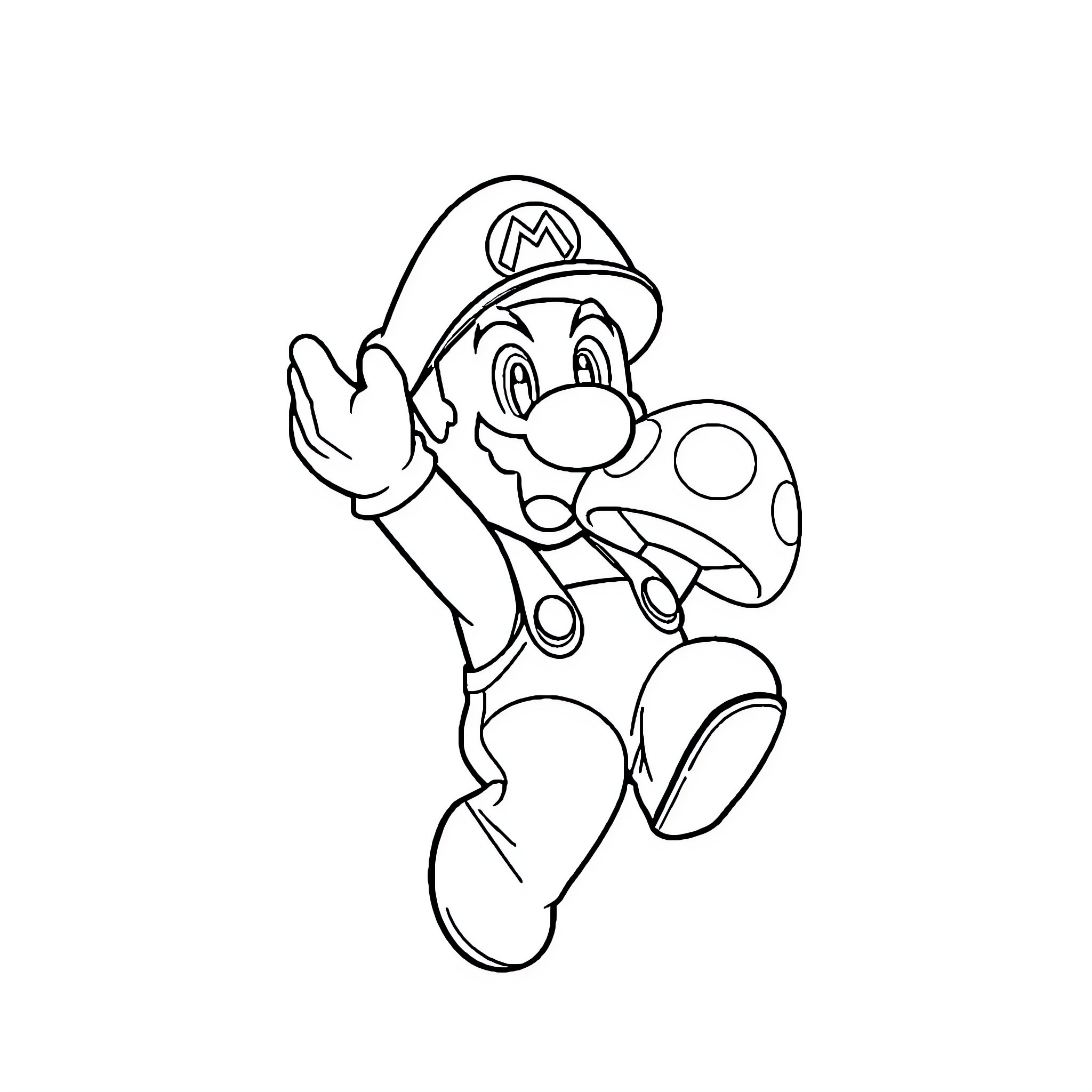 Super Mario Jumping Happily with Mushroom Coloring Page (free black-and-white line drawing printable PDF for all, from beginners to advanced learners, including children, teens, adults, and seniors)