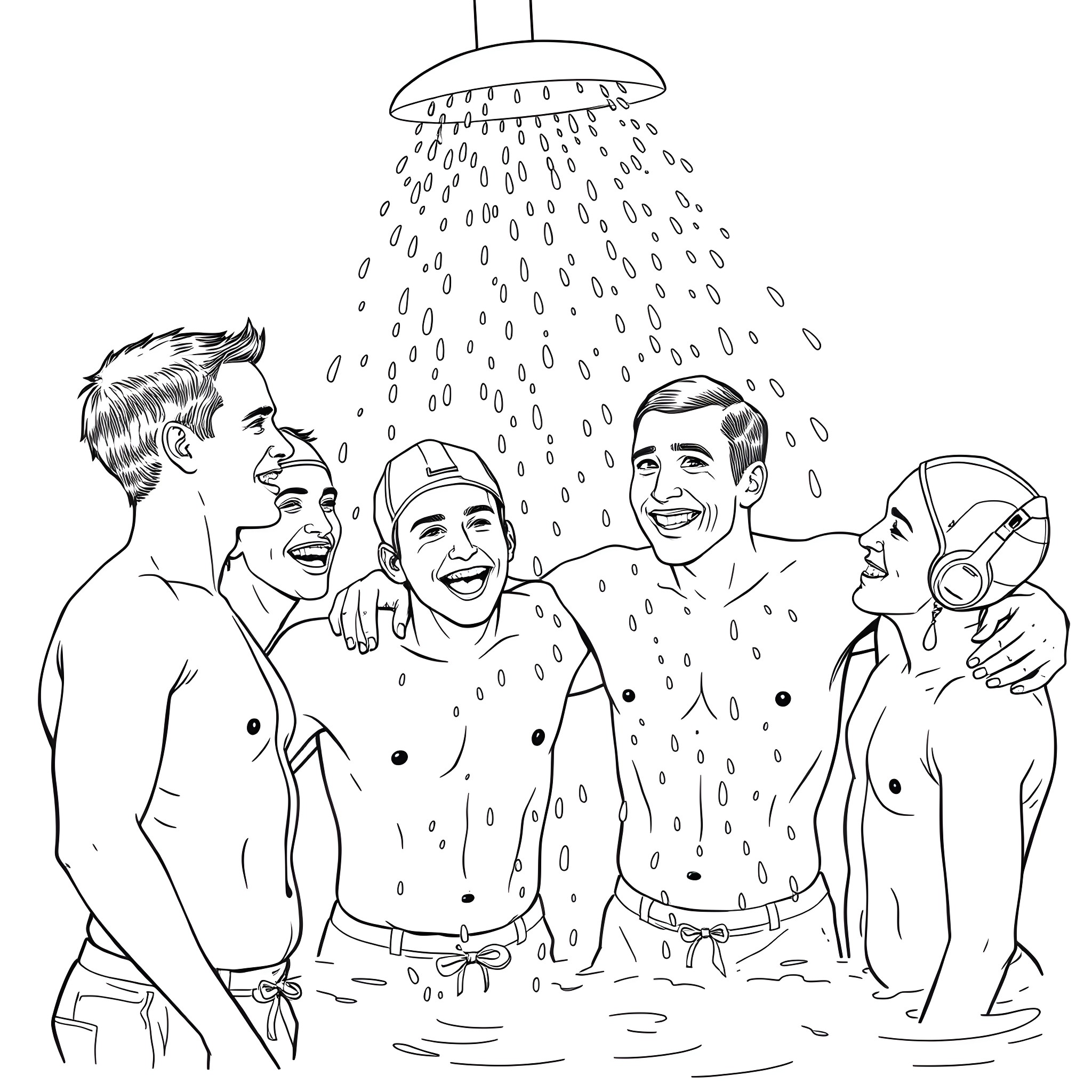 Prince and Friends Enjoying a Refreshing Shower Coloring Page (free black-and-white line drawing printable PDF for all, from beginners to advanced learners, including children, teens, adults, and seniors)