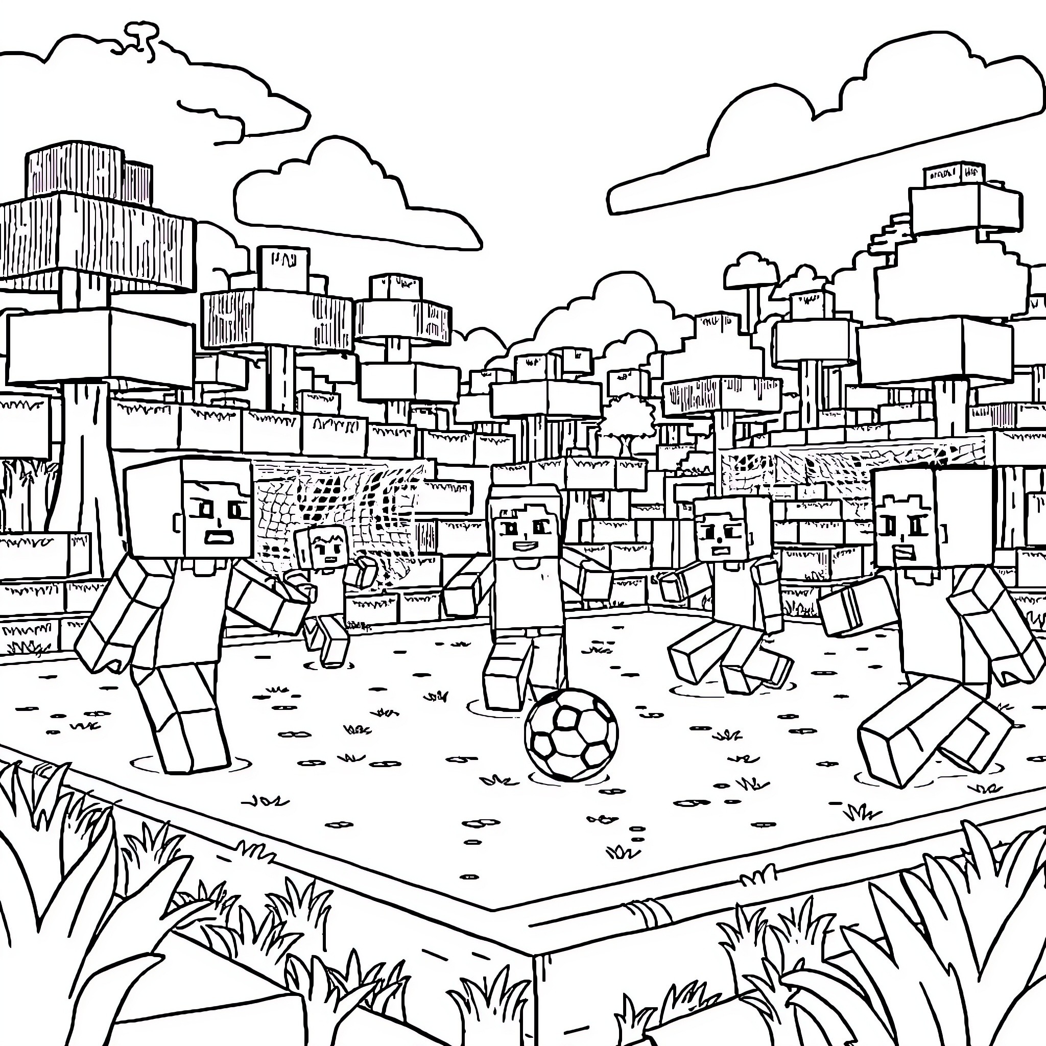 Minecraft characters playing soccer in the city Coloring Page (free black-and-white line drawing printable PDF for all, from beginners to advanced learners, including children, teens, adults, and seniors)