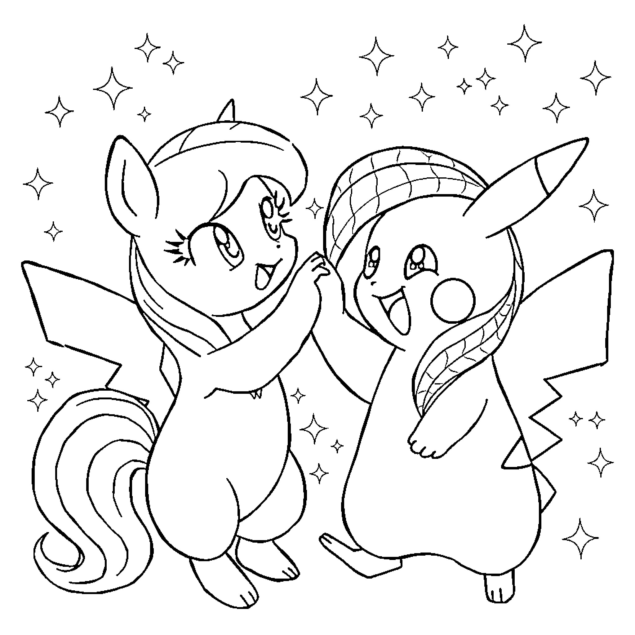 Pikachu and Ponyta playing among the stars Coloring Page (free black-and-white line drawing printable PDF for all, from beginners to advanced learners, including children, teens, adults, and seniors)
