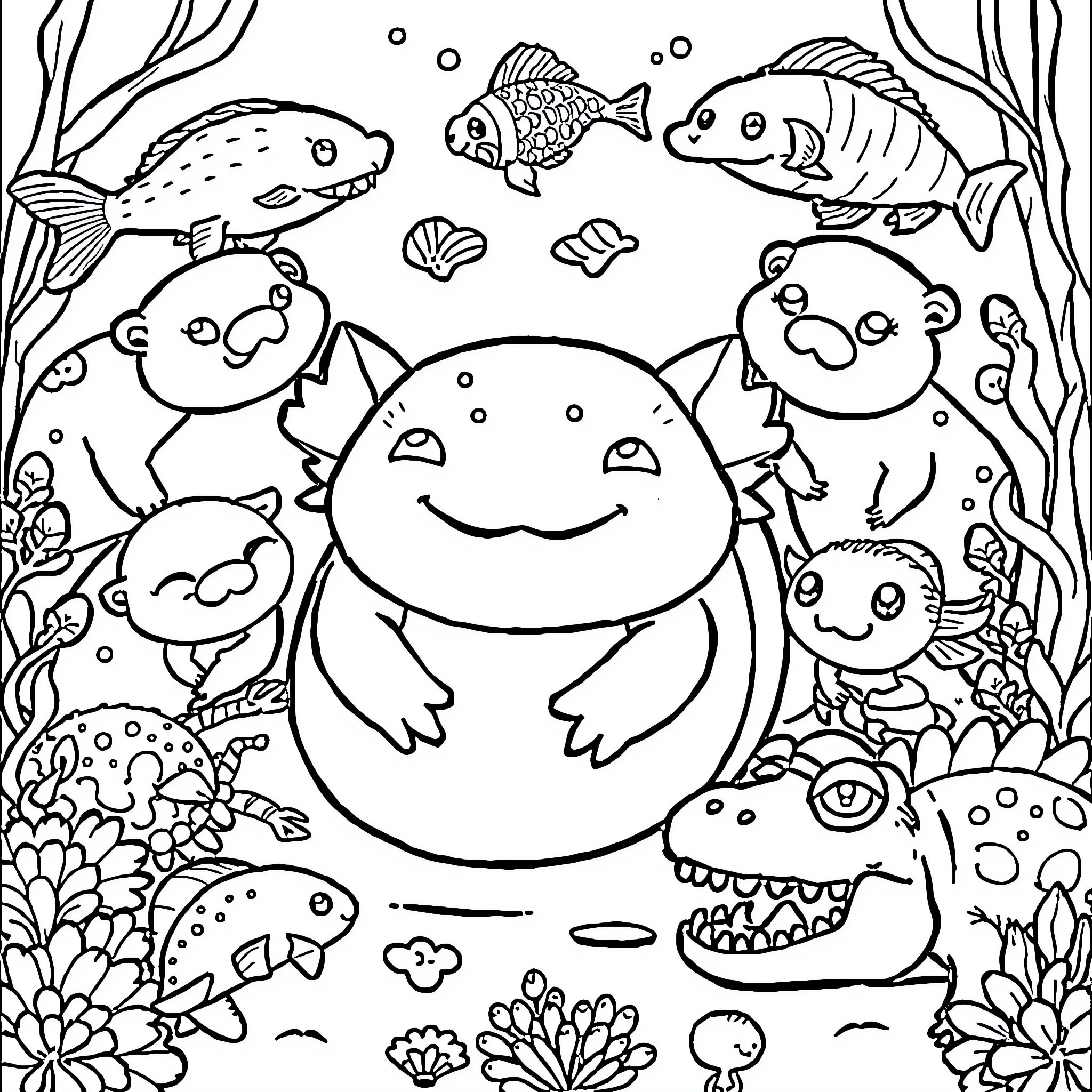 Axolotl surrounded by underwater friends Coloring Page (free black-and-white line drawing printable PDF for all, from beginners to advanced learners, including children, teens, adults, and seniors)
