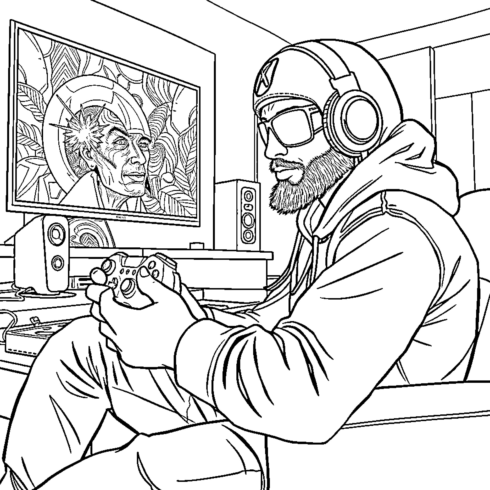 TrueDarkMajin Playing Video Games in Futuristic Room Coloring Page (free black-and-white line drawing printable PDF for all, from beginners to advanced learners, including children, teens, adults, and seniors)