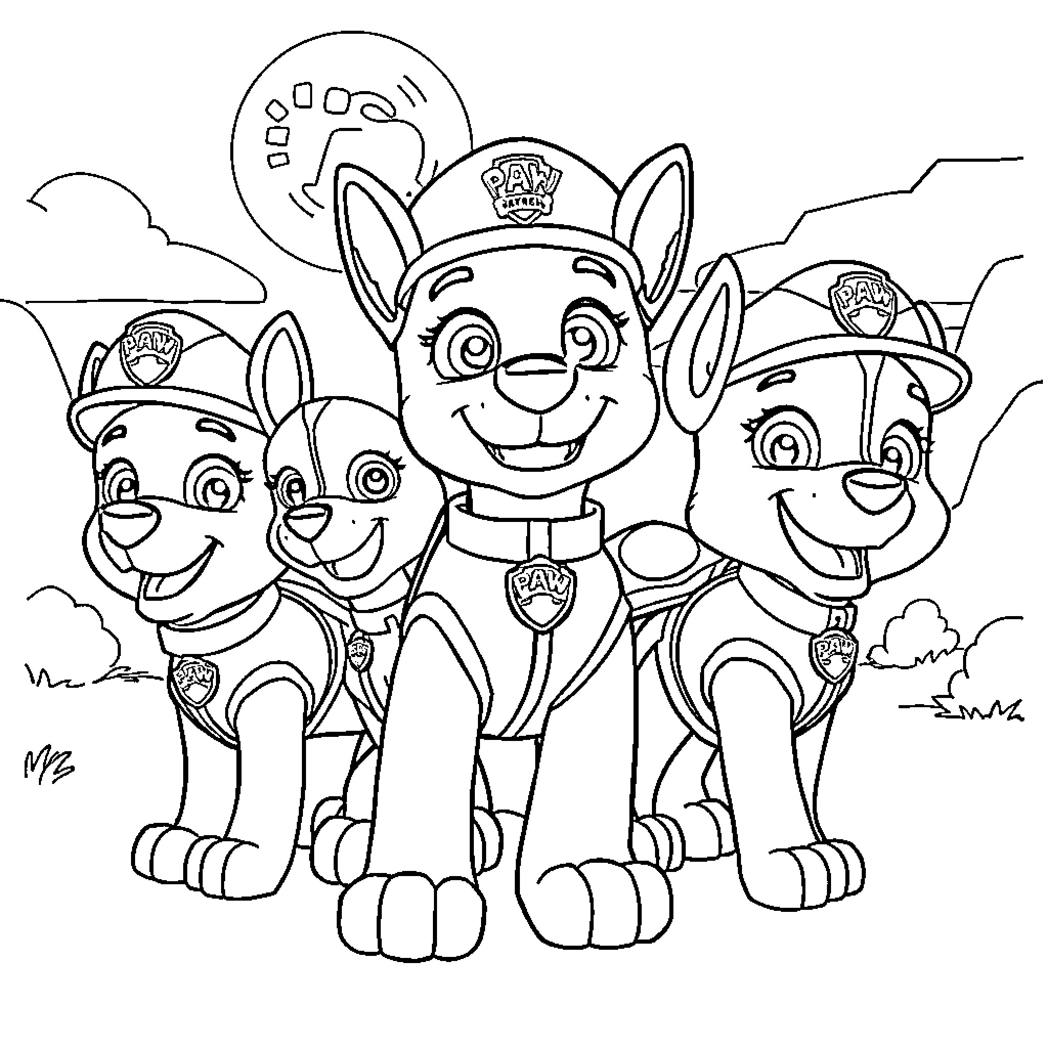 Paw Patrol team in uniform on the lookout Coloring Page (free black-and-white line drawing printable PDF for all, from beginners to advanced learners, including children, teens, adults, and seniors)