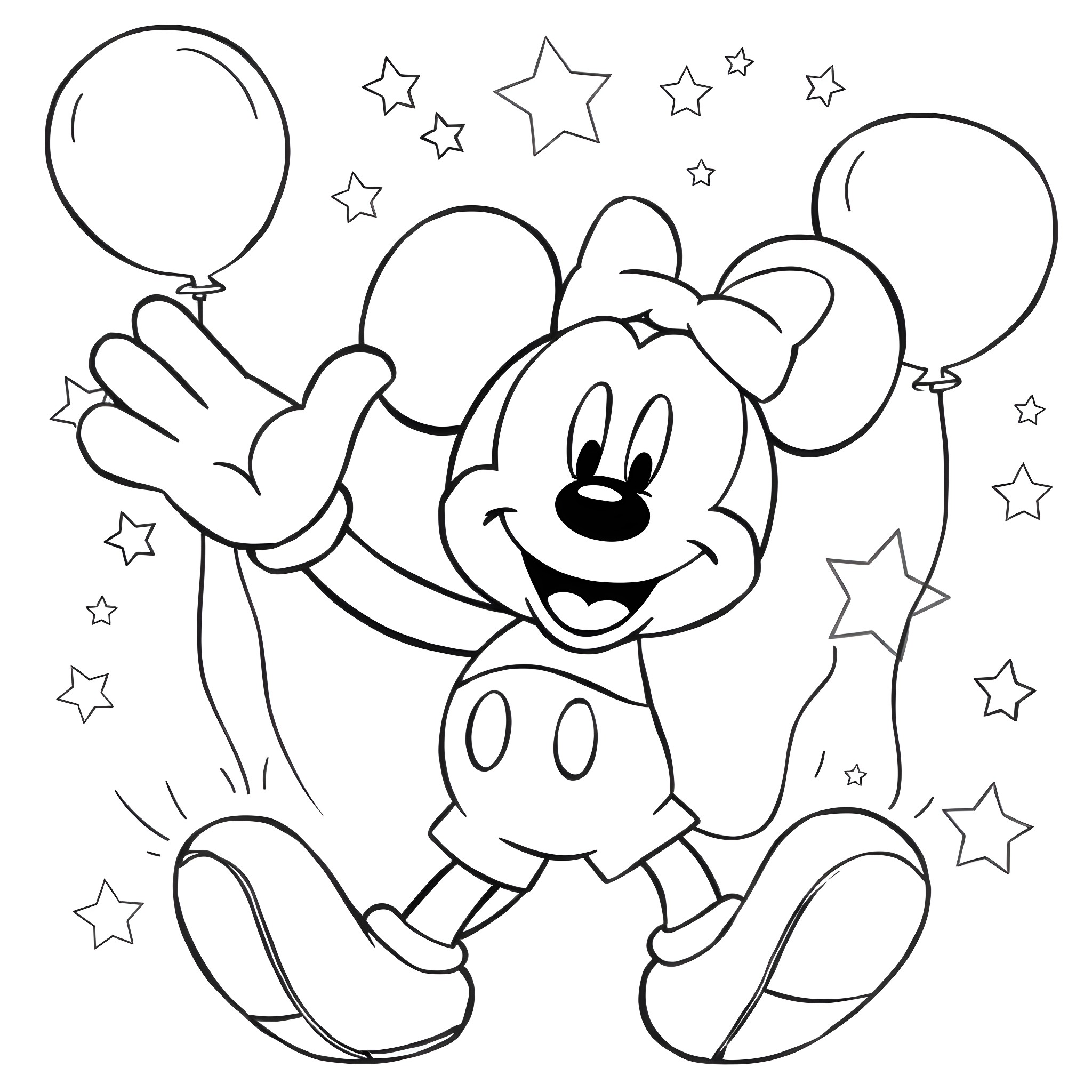 Mickey Mouse playing with balloons and stars Coloring Page (free black-and-white line drawing printable PDF for all, from beginners to advanced learners, including children, teens, adults, and seniors)