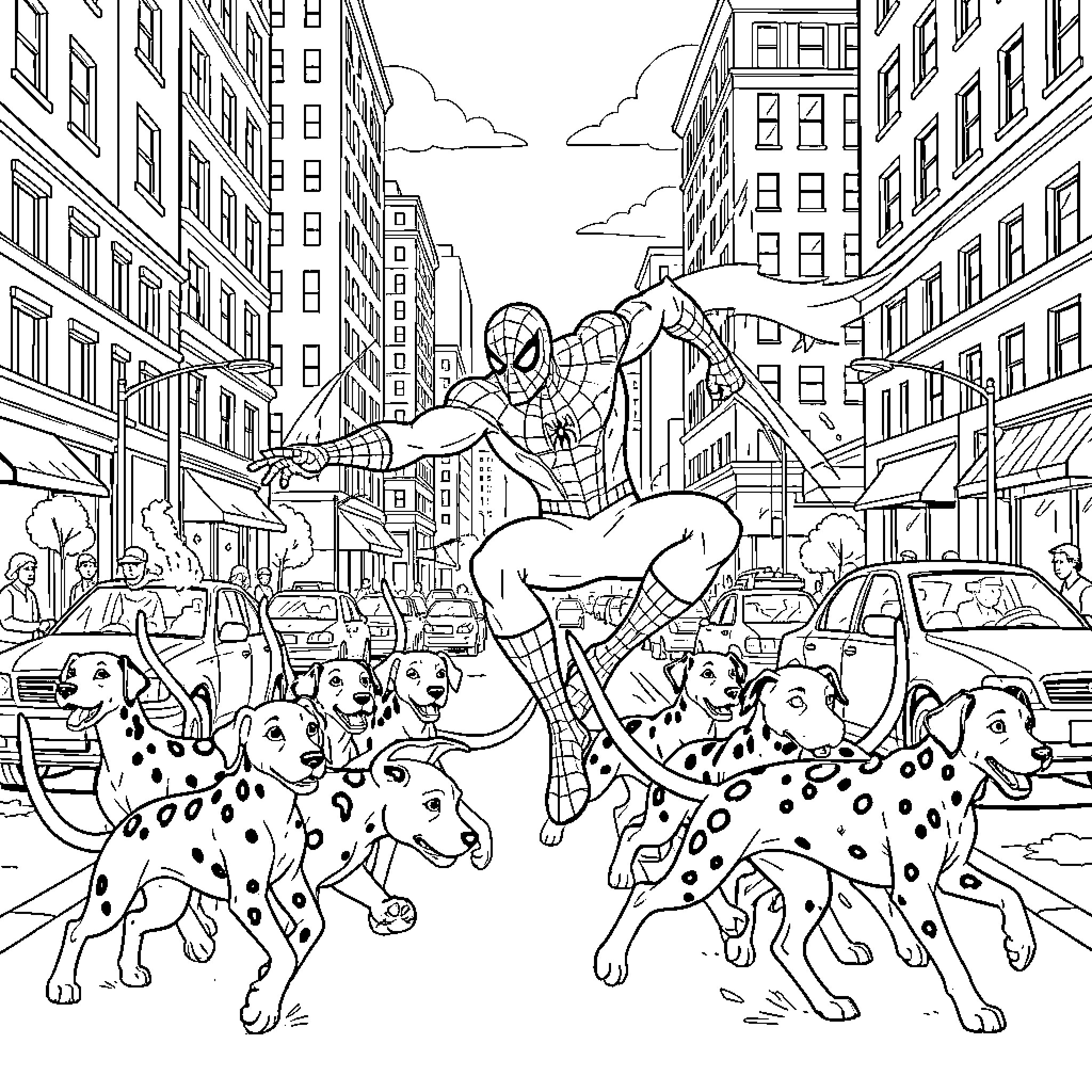Spiderman leaping over a pack of running dalmatians Coloring Page (free black-and-white line drawing printable PDF for all, from beginners to advanced learners, including children, teens, adults, and seniors)