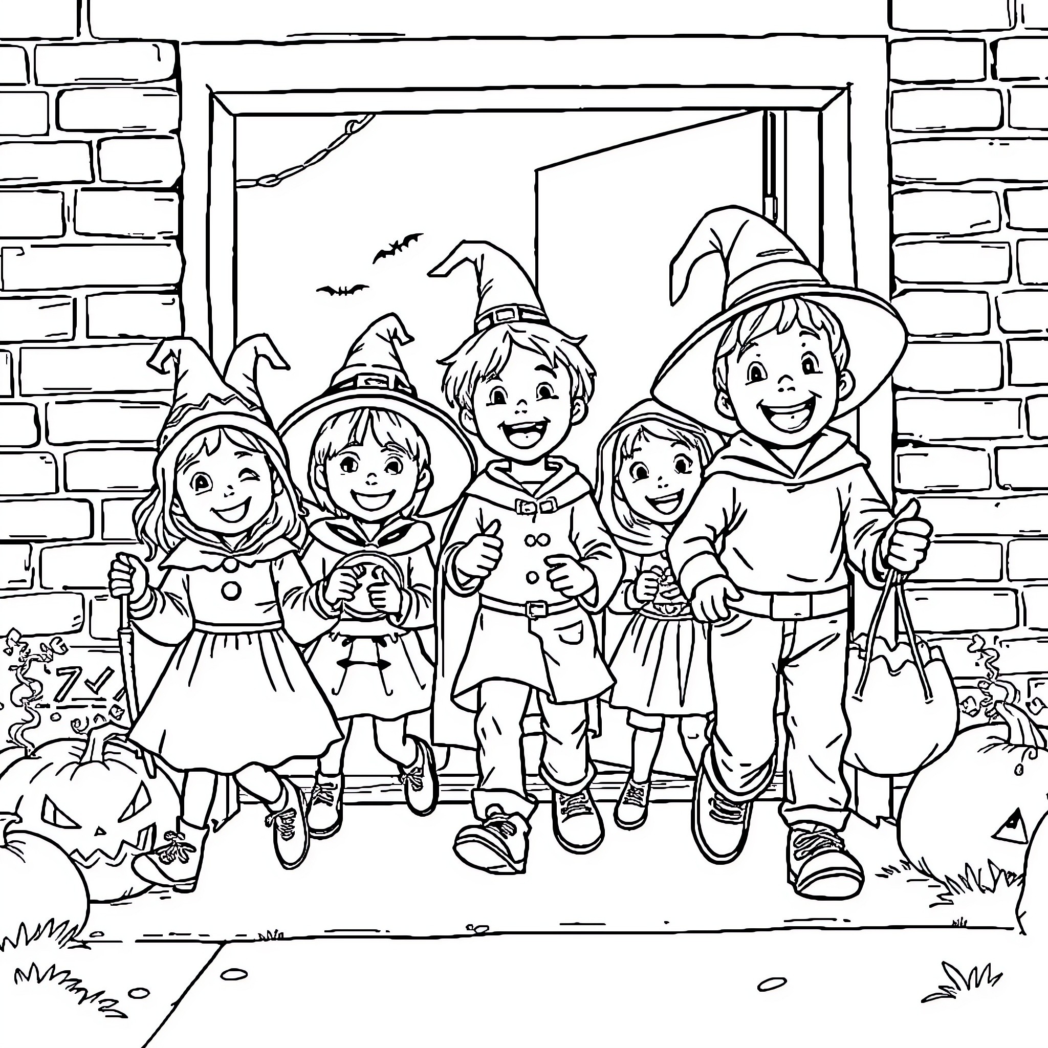 Kid's Joyful Halloween Costumes and Adventure Coloring Page (free black-and-white line drawing printable PDF for all, from beginners to advanced learners, including children, teens, adults, and seniors)