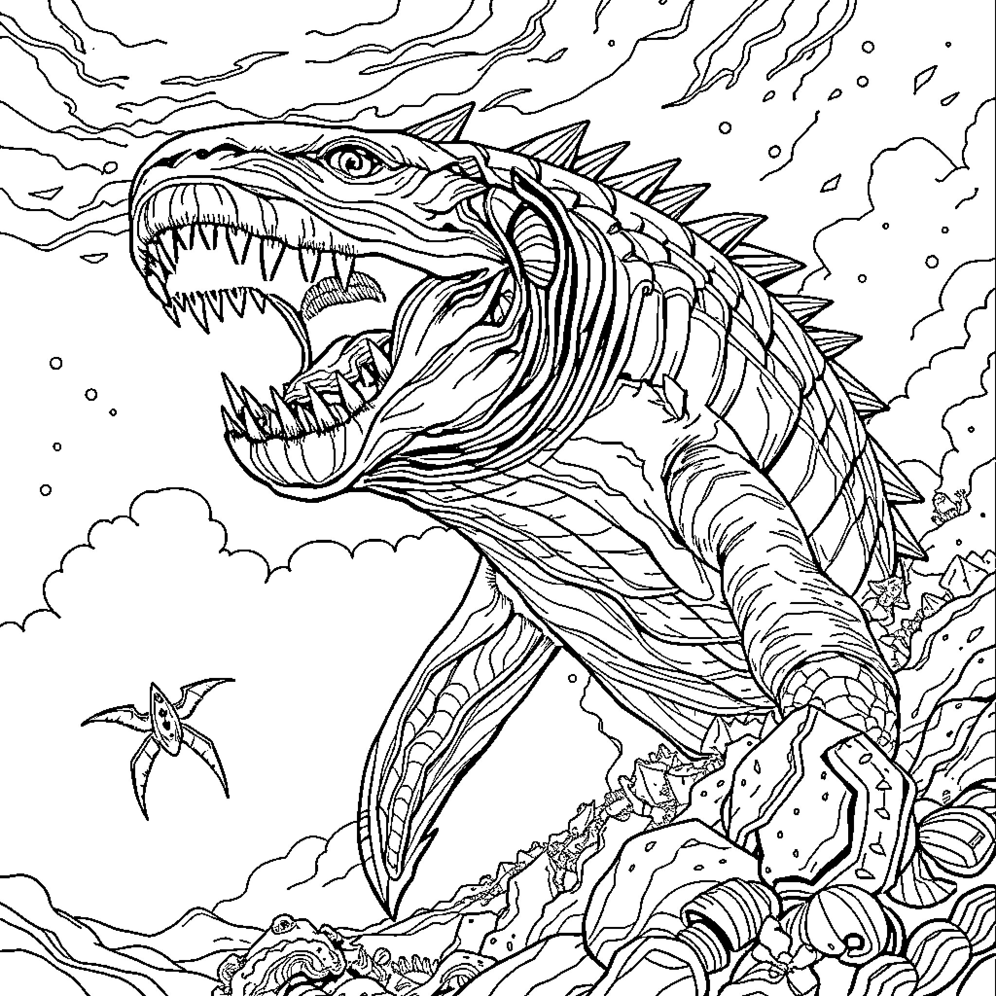 Sea Beast Rising from the Depths Coloring Page (free black-and-white line drawing printable PDF for all, from beginners to advanced learners, including children, teens, adults, and seniors)