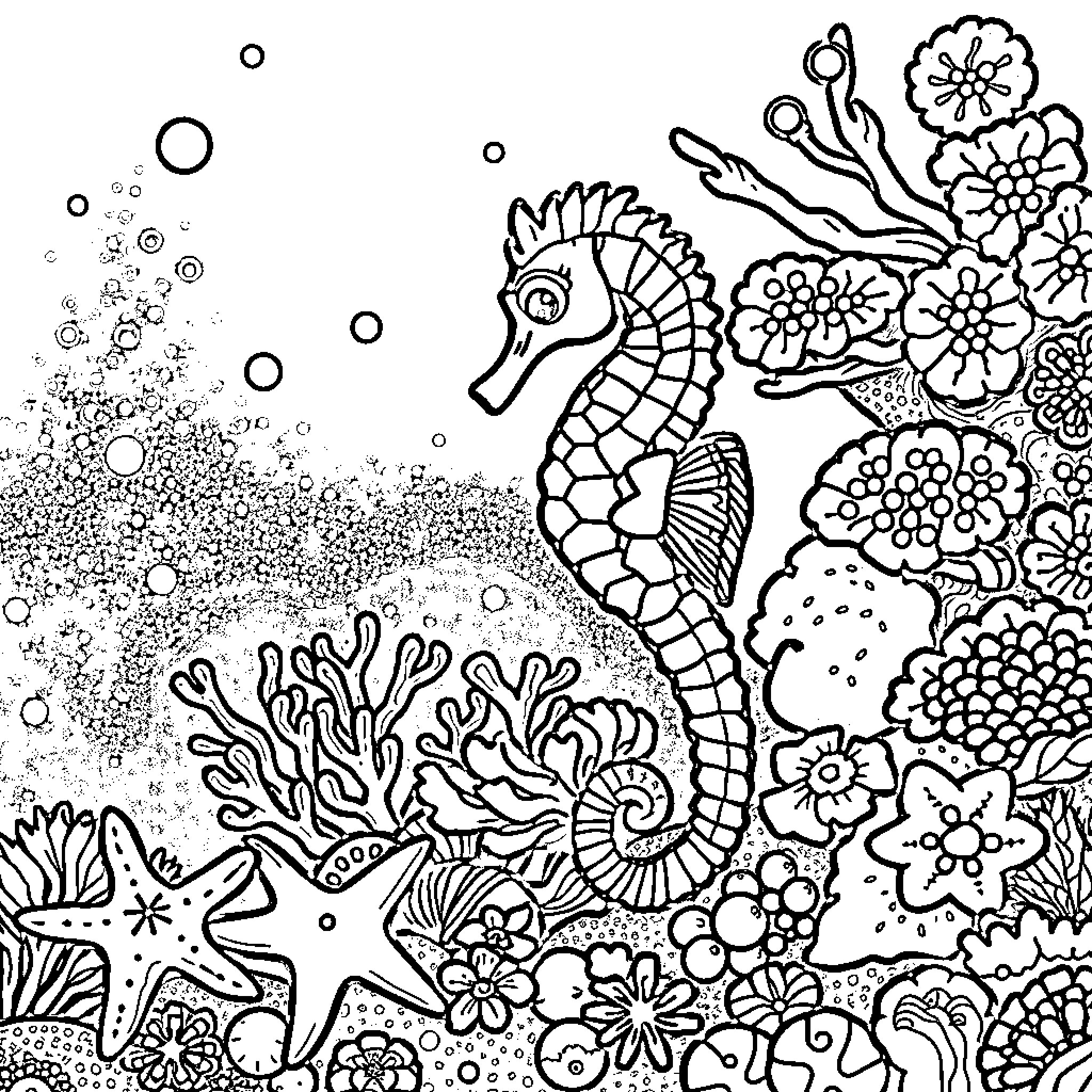 Seahorse swimming amongst underwater flora and fauna Coloring Page (free black-and-white line drawing printable PDF for all, from beginners to advanced learners, including children, teens, adults, and seniors)