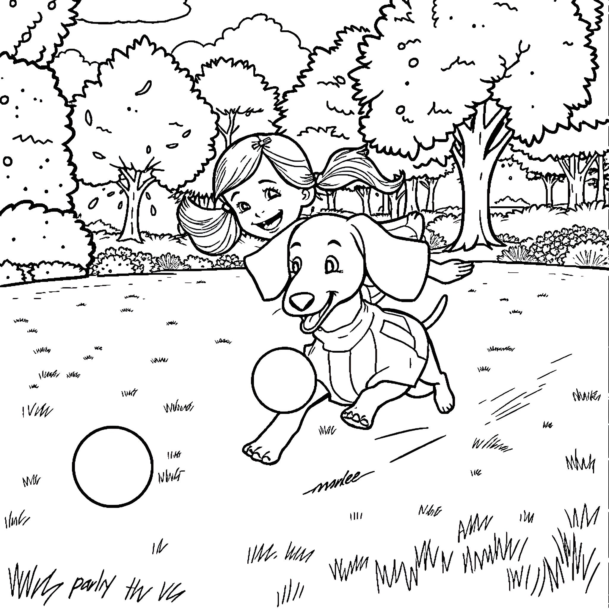 Dachshund playing with girl in park Coloring Page (free black-and-white line drawing printable PDF for all, from beginners to advanced learners, including children, teens, adults, and seniors)