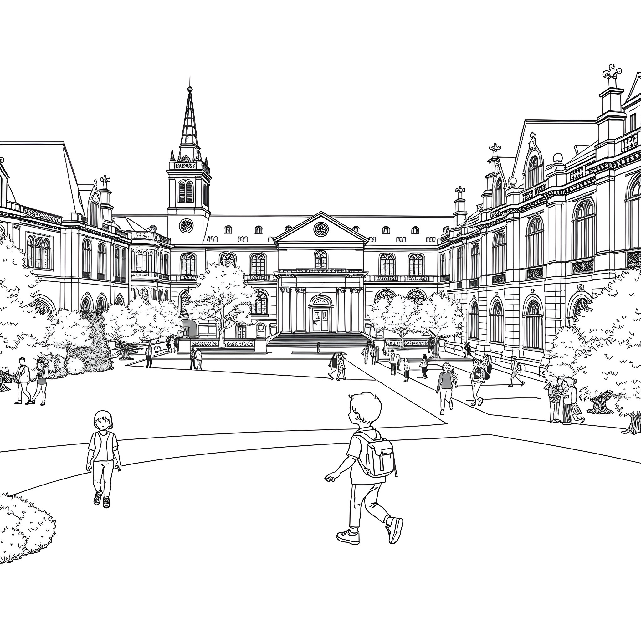 Kid exploring historic city square with old buildings Coloring Page (free black-and-white line drawing printable PDF for all, from beginners to advanced learners, including children, teens, adults, and seniors)