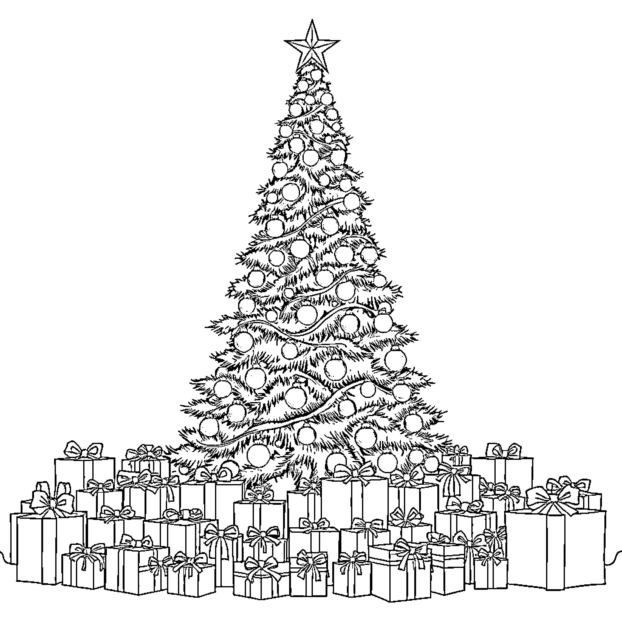 Christmas Tree Decorated with Ornaments and Surrounded by Gifts Coloring Page (free black-and-white line drawing printable PDF for all, from beginners to advanced learners, including children, teens, adults, and seniors)