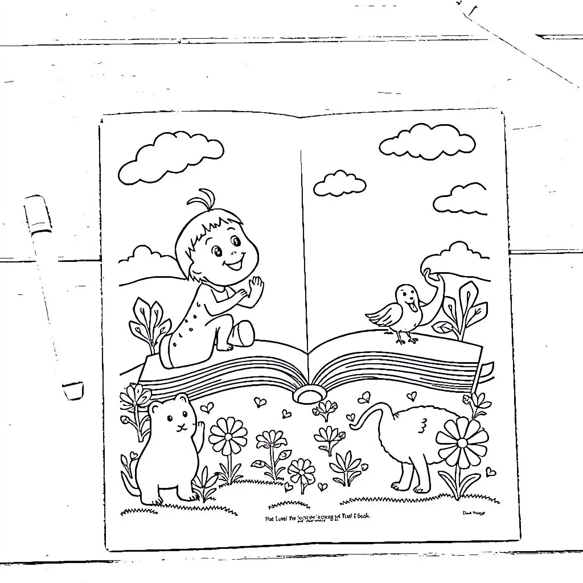 Book featuring cartoon characters and nature scenes Coloring Page (free black-and-white line drawing printable PDF for all, from beginners to advanced learners, including children, teens, adults, and seniors)