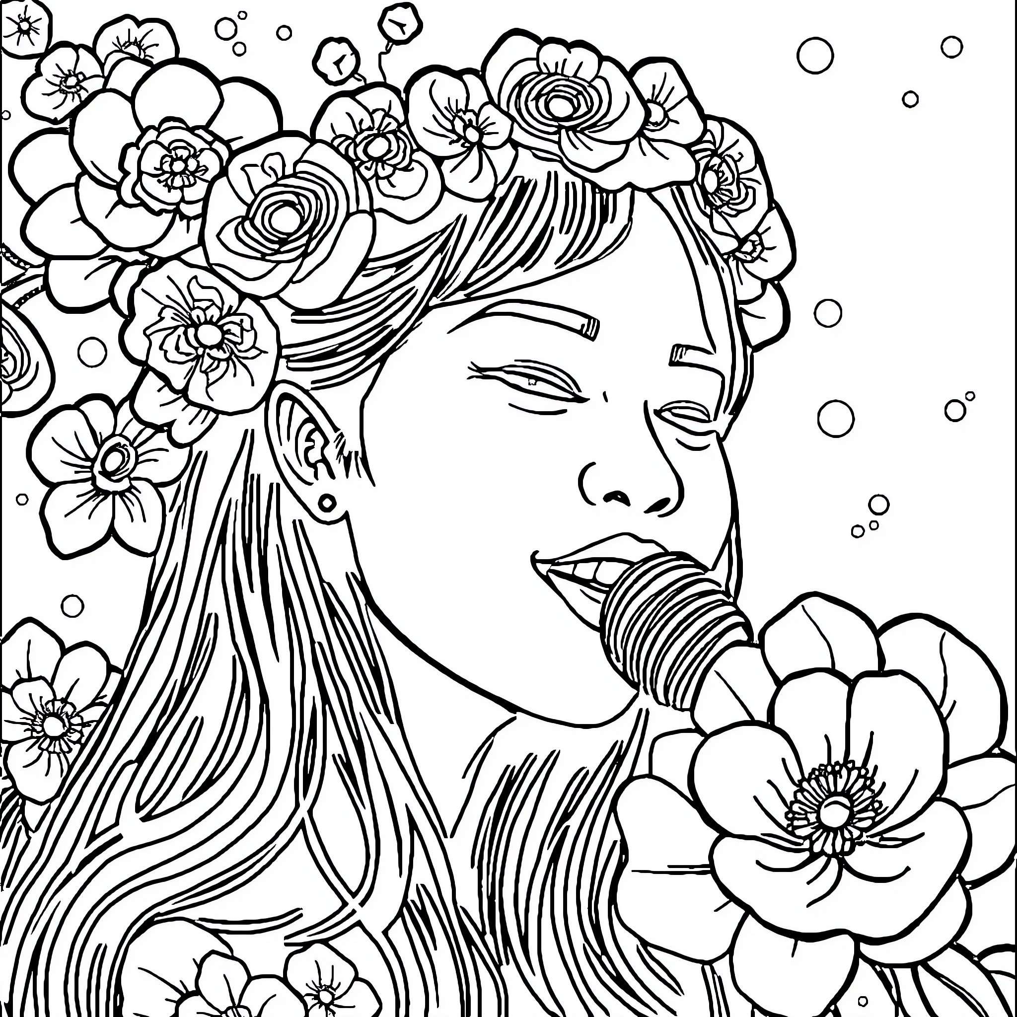 Me surrounded by beautiful flowers Coloring Page (free black-and-white line drawing printable PDF for all, from beginners to advanced learners, including children, teens, adults, and seniors)