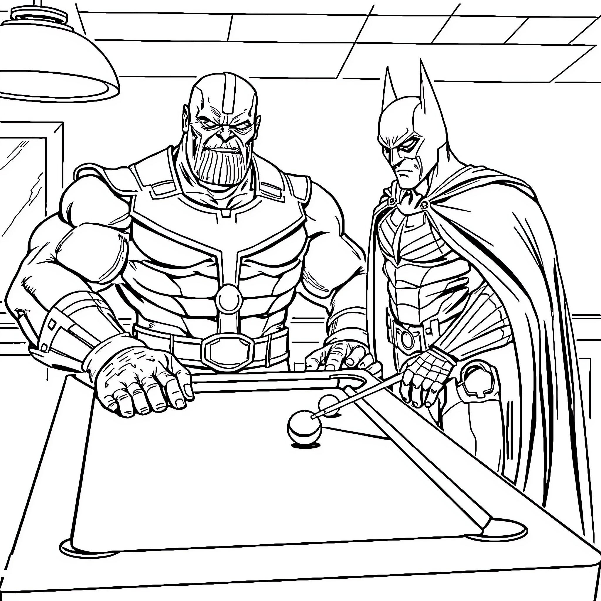Thanos and Batman Confront Each Other Coloring Page (free black-and-white line drawing printable PDF for all, from beginners to advanced learners, including children, teens, adults, and seniors)