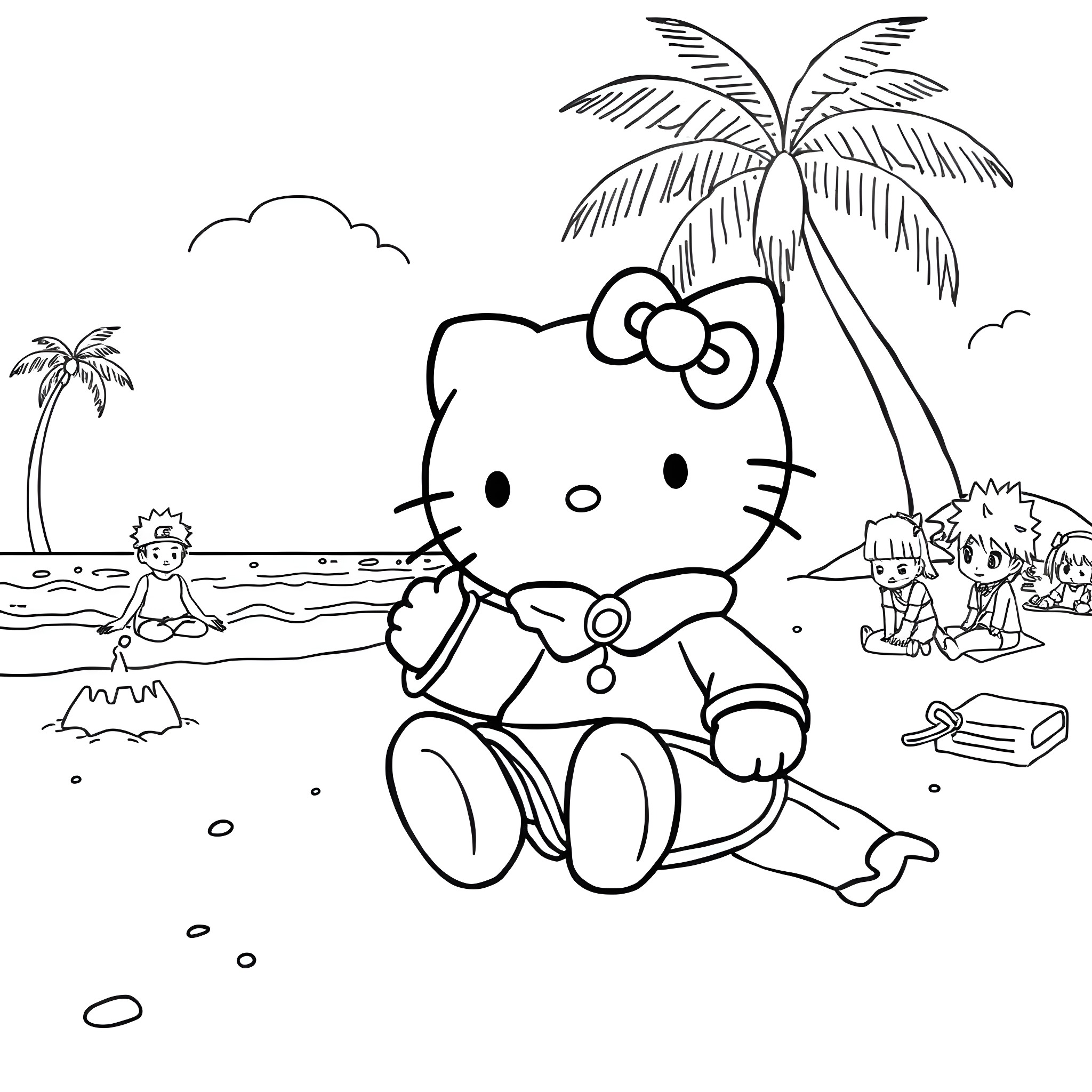 Hello Kitty playing on the beach with friends Coloring Page (free black-and-white line drawing printable PDF for all, from beginners to advanced learners, including children, teens, adults, and seniors)