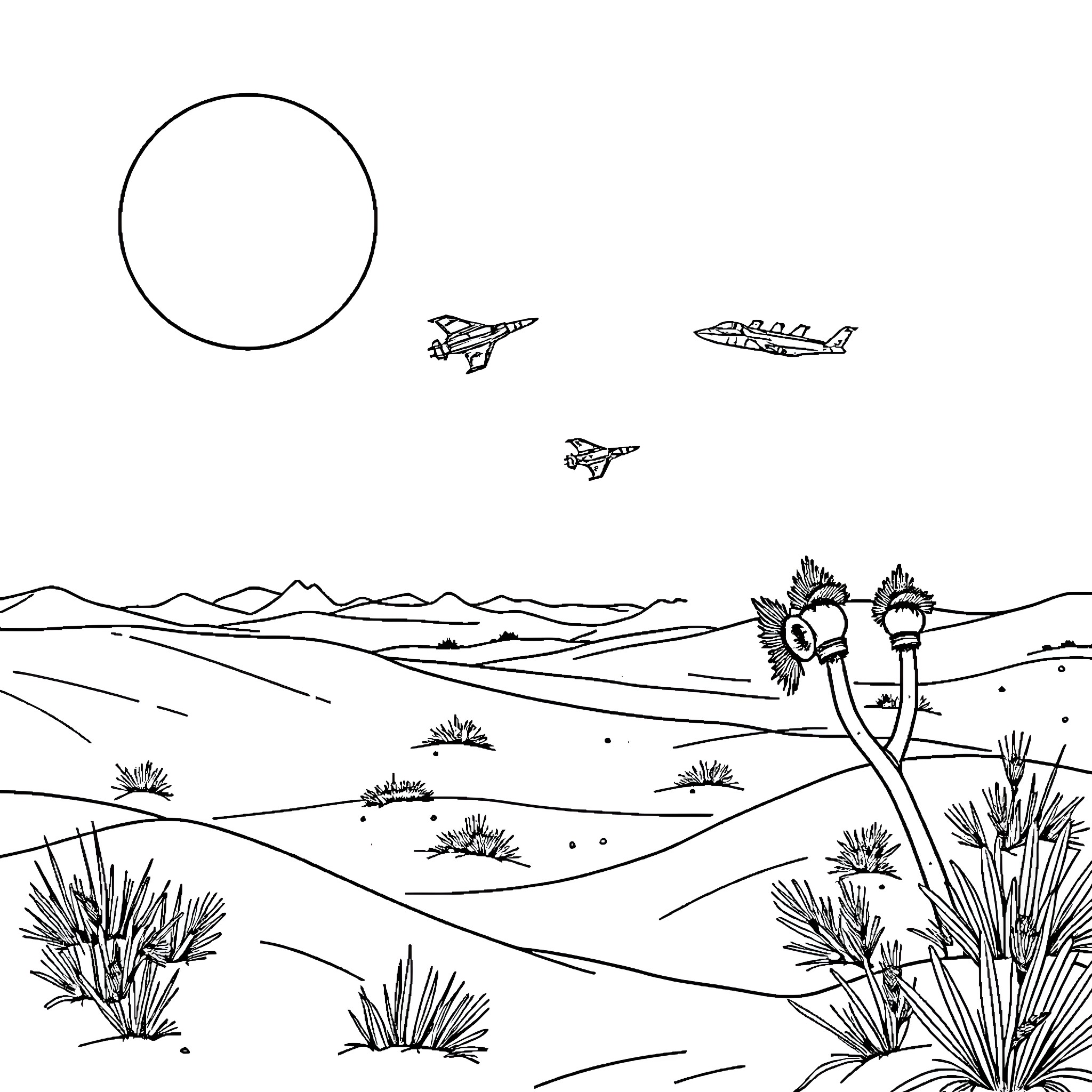 Star Wars Aerial Vehicles Flying Over Desert Landscape Coloring Page (free black-and-white line drawing printable PDF for all, from beginners to advanced learners, including children, teens, adults, and seniors)